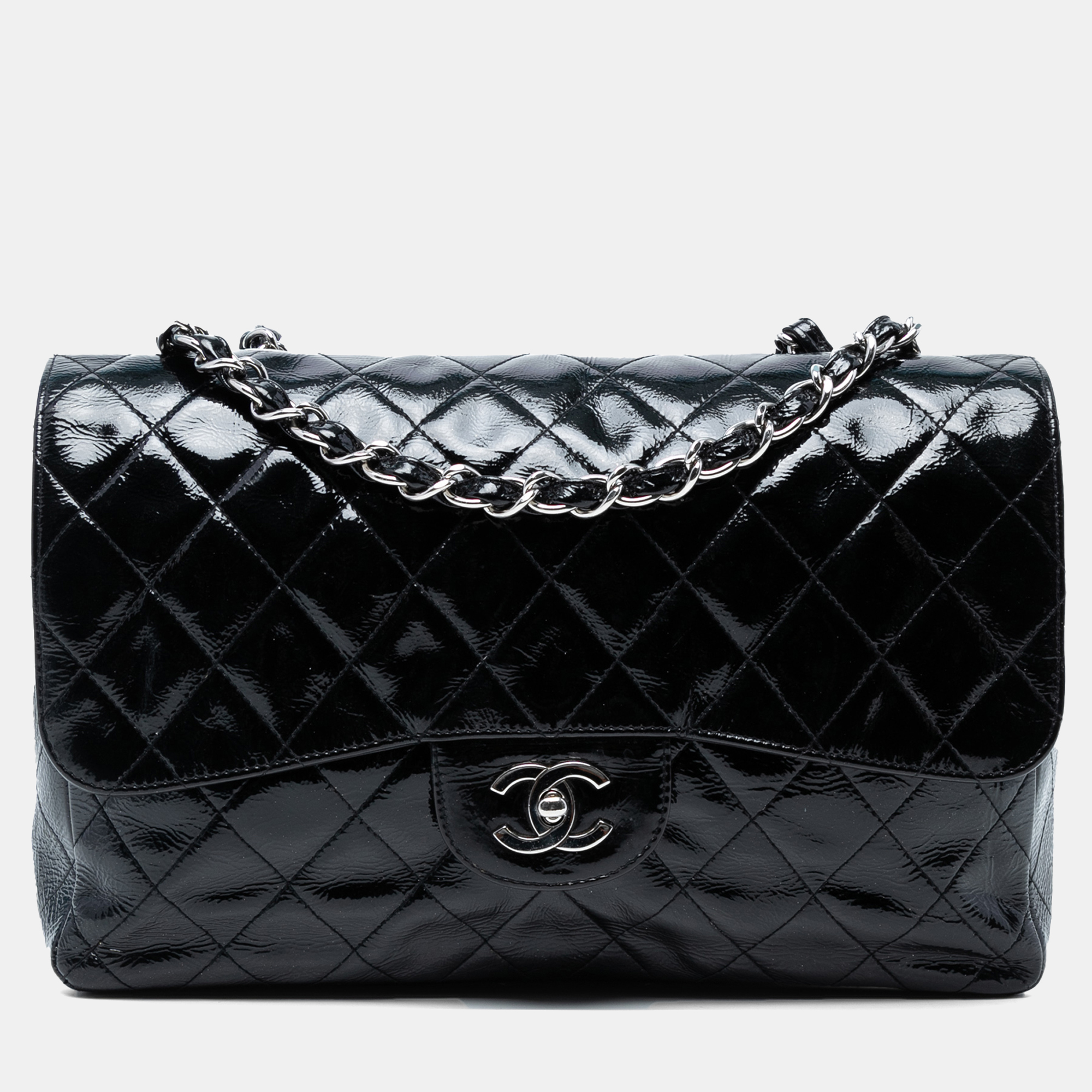 

Chanel Navy Blue Jumbo Classic Crinkled Patent Single Flap