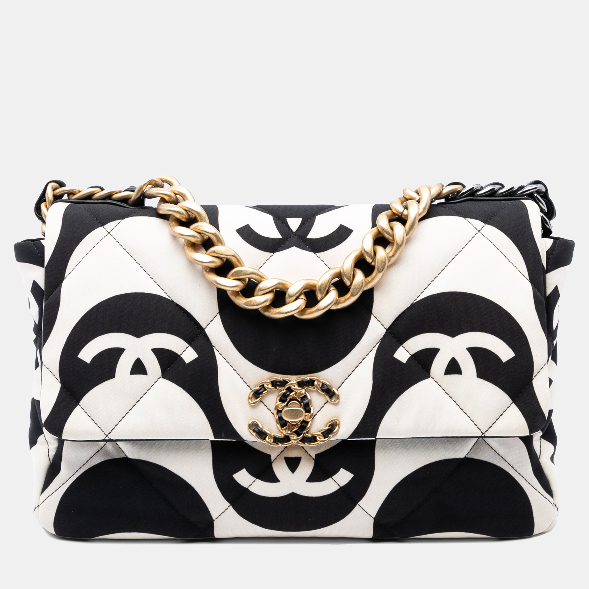 

Chanel Black/White Large Printed Silk 19 Flap