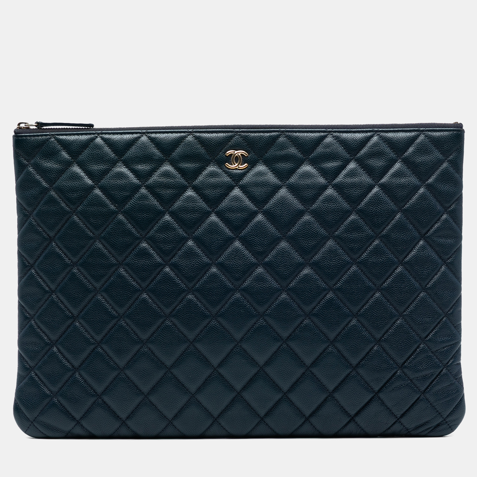 Pre-owned Chanel Navy Blue Large Quilted Caviar O Case Clutch