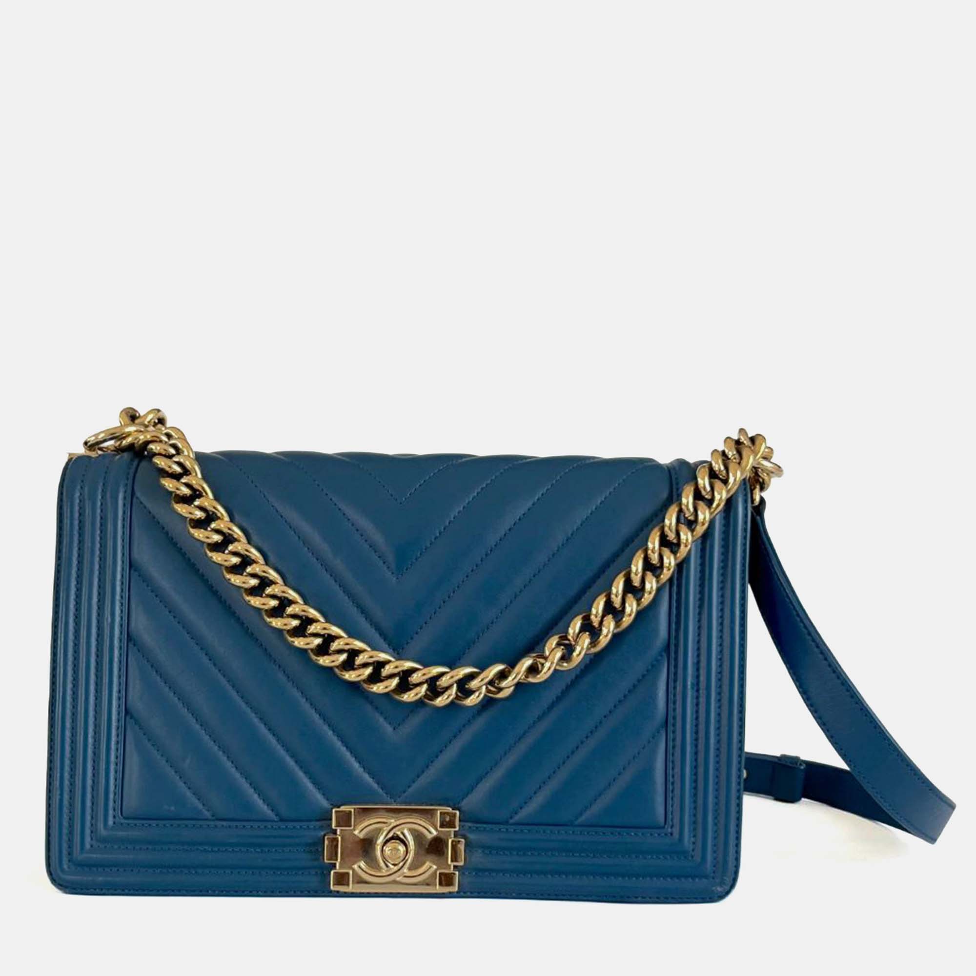 

Chanel blue chevron quilted le boy new medium bag