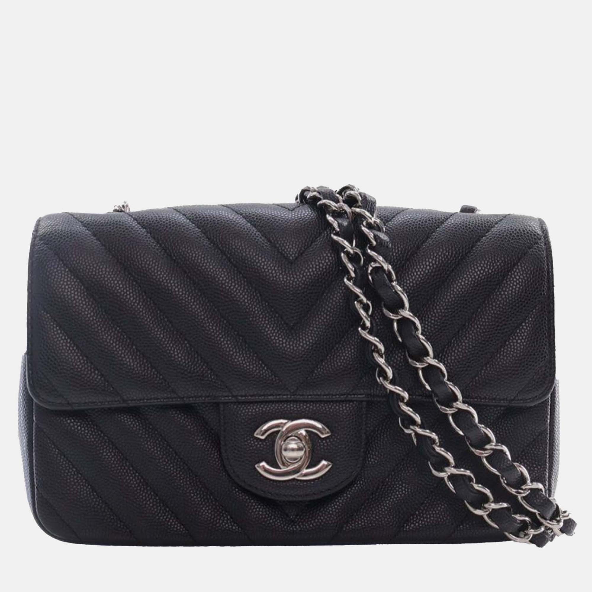 

Chanel Black Mini Rectangular Classic Chevron Caviar Single Flap