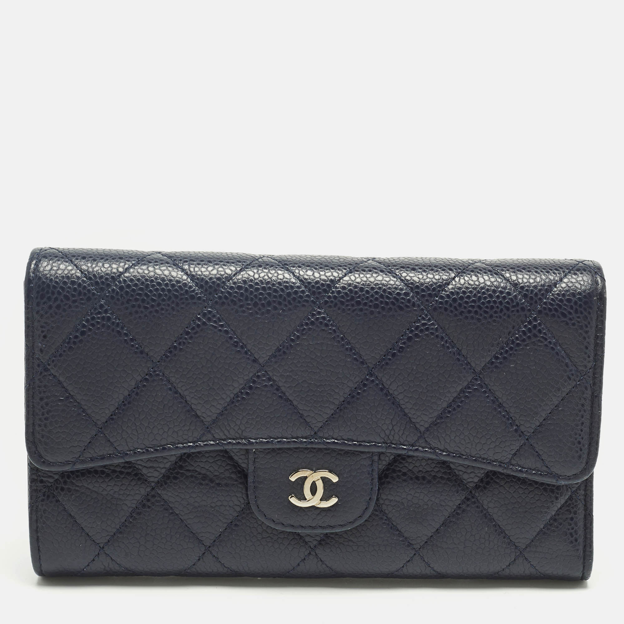 Pre-owned Chanel Navy Blue Quilted Caviar Leather Classic L Trifold Wallet