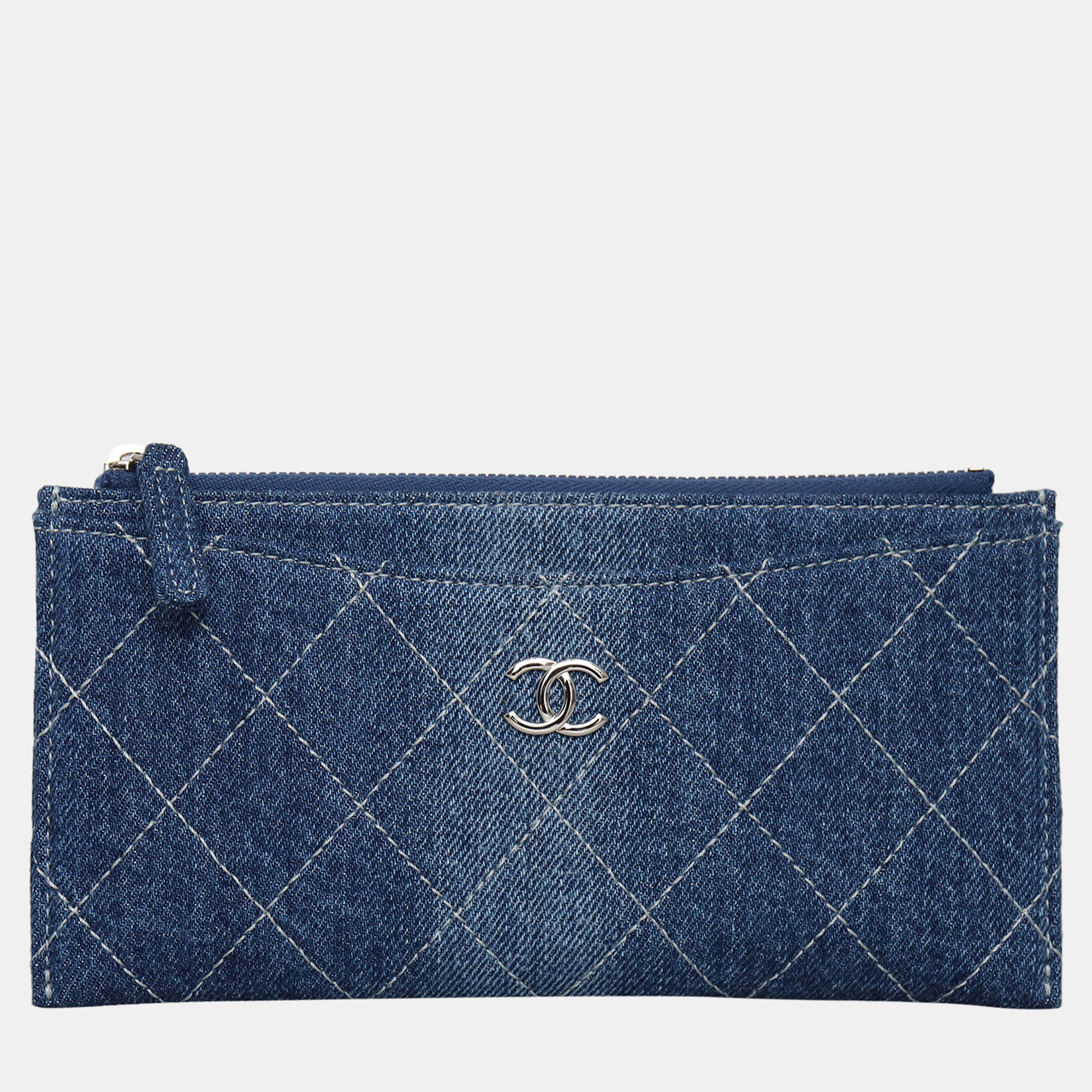 Pre-owned Chanel Quilted Denim Zip Pouch Wallet In Blue