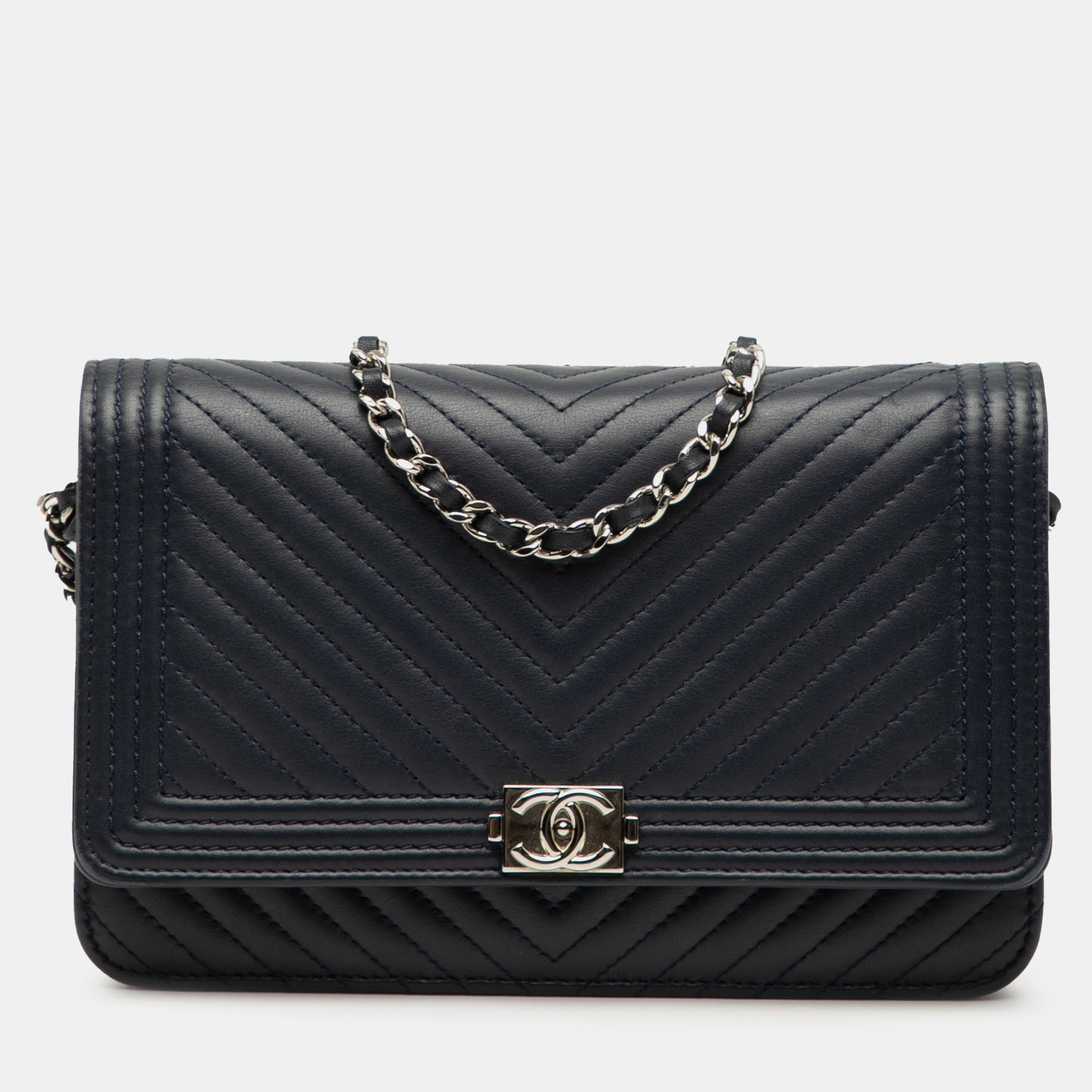 

Chanel Navy Blue Chevron Lambskin Boy Wallet on Chain