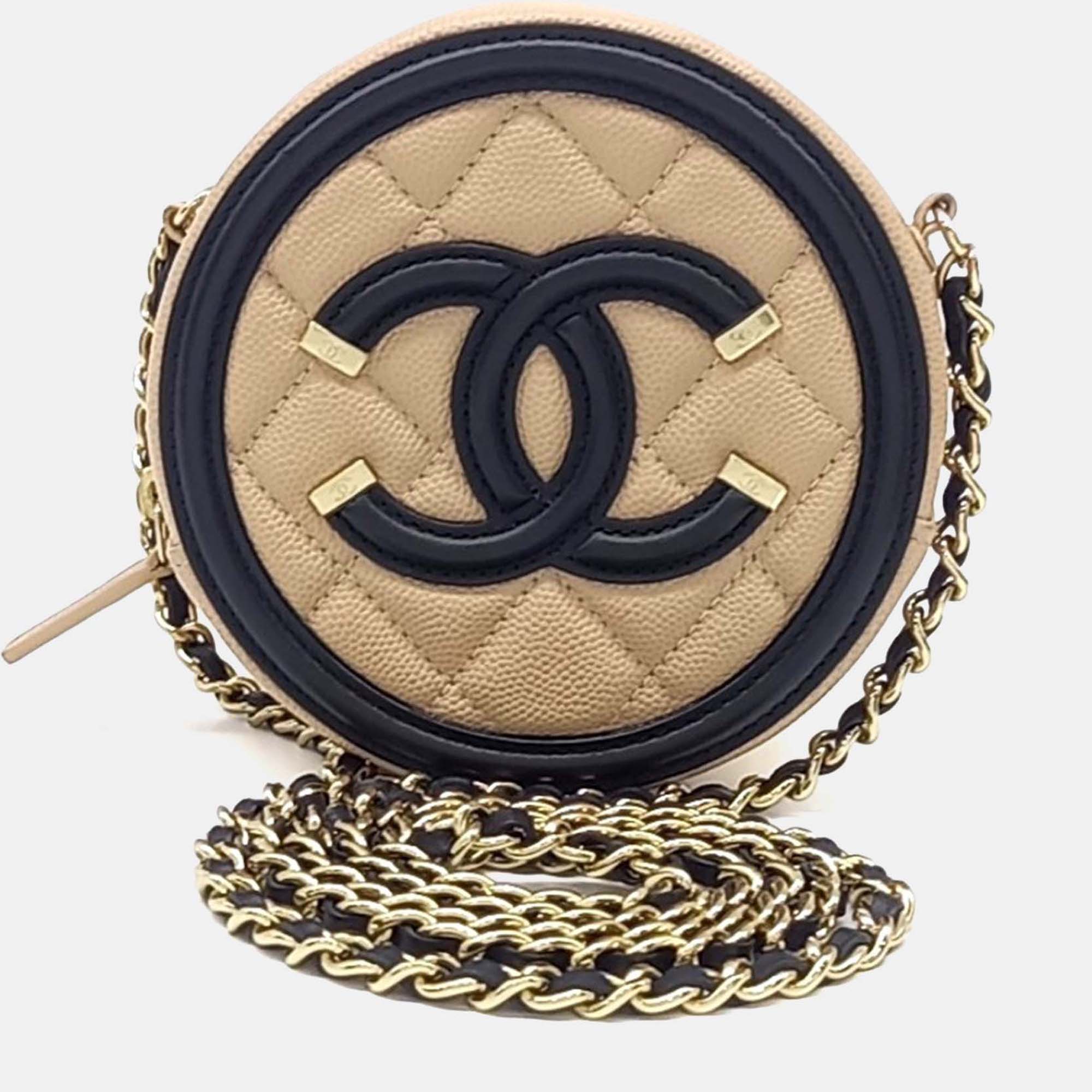 

Chanel Beige Black Leather Caviar Round Mini Crossbody Bag