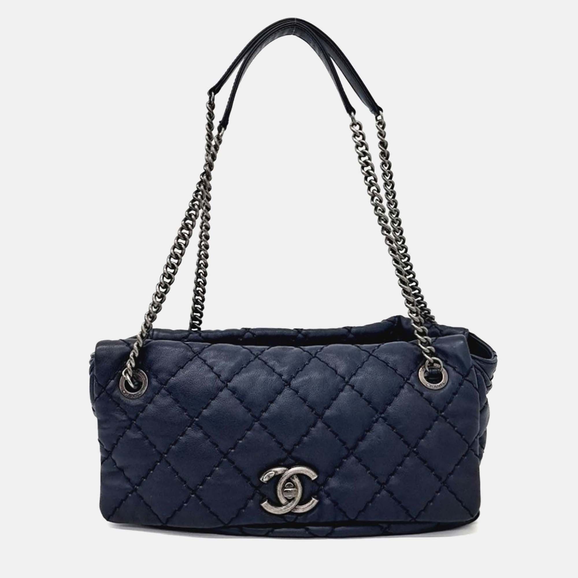 

Chanel Navy Blue Leather Wild Stitch Chain Shoulder Bag