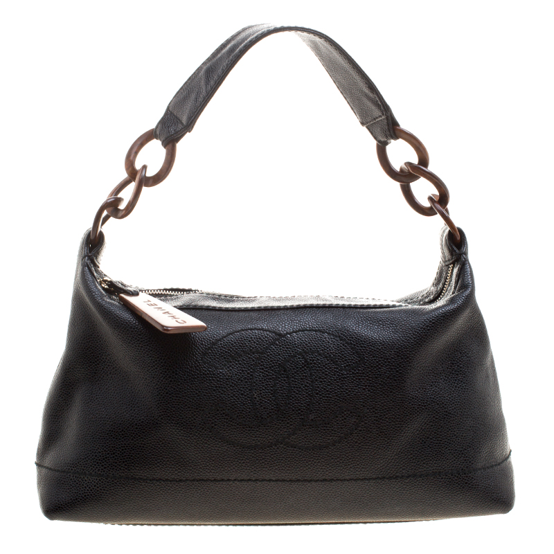 Pre Owned Chanel Black Leather CC Wood Chain Shoulder Bag