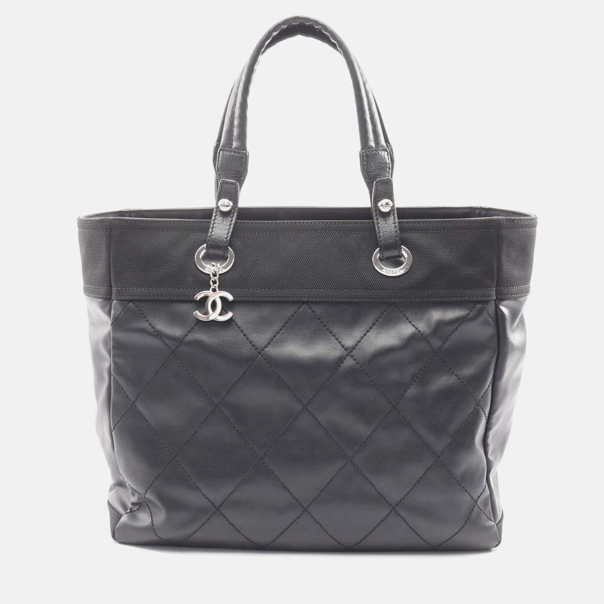 

Chanel Paris Biarritz Black Quilted Coated Canvas Tote Bag