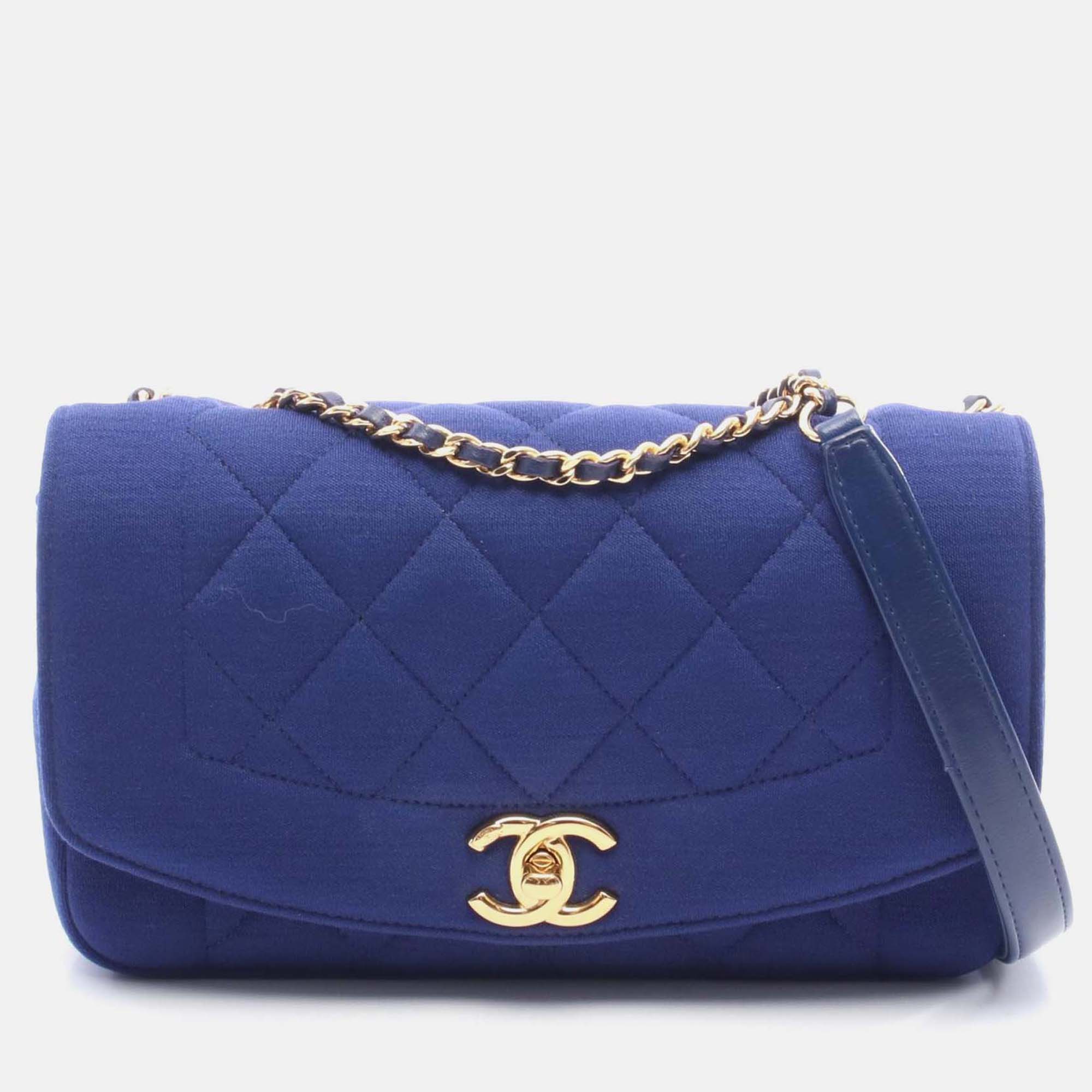 Pre-owned Chanel Diana Blue Cotton Flap Chain Shoulder Bag