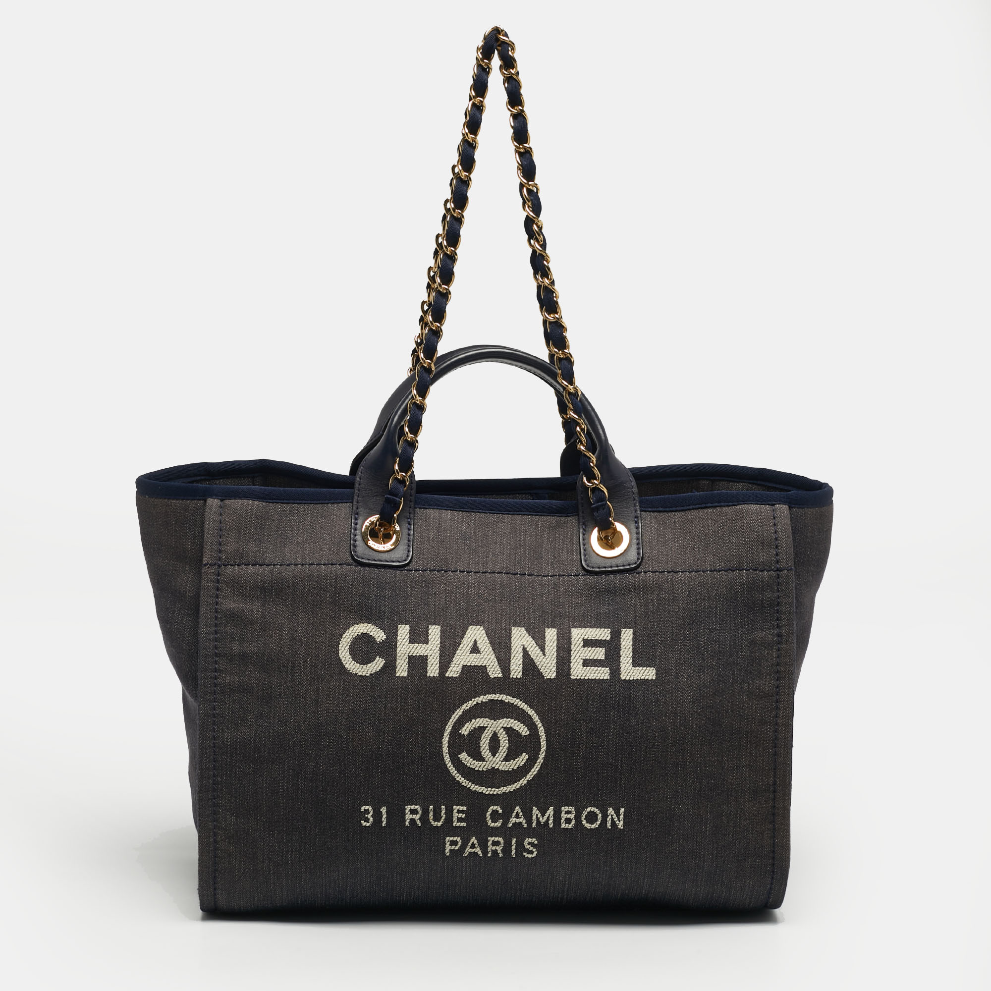 Pre-owned Chanel Navy Blue Denim Large Deauville Shopper Tote
