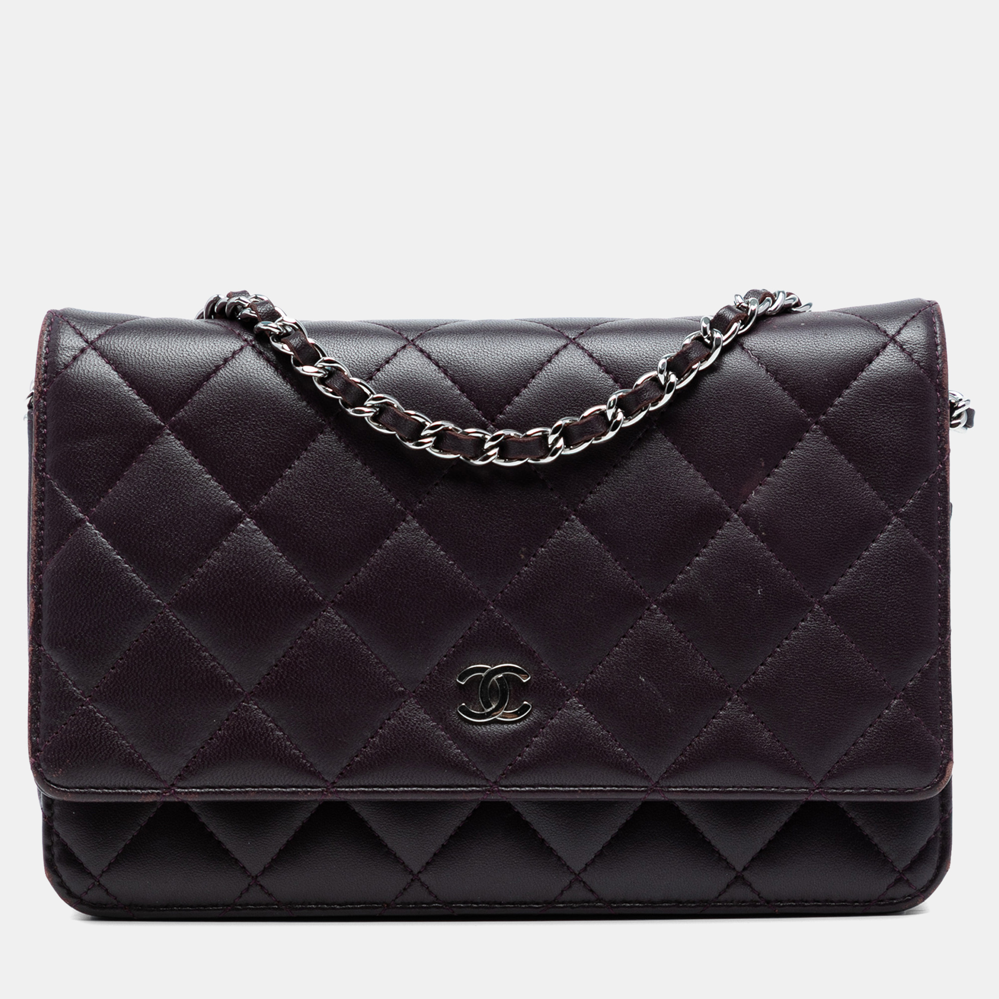 Pre-owned Chanel Purple Cc Quilted Lambskin Wallet On Chain