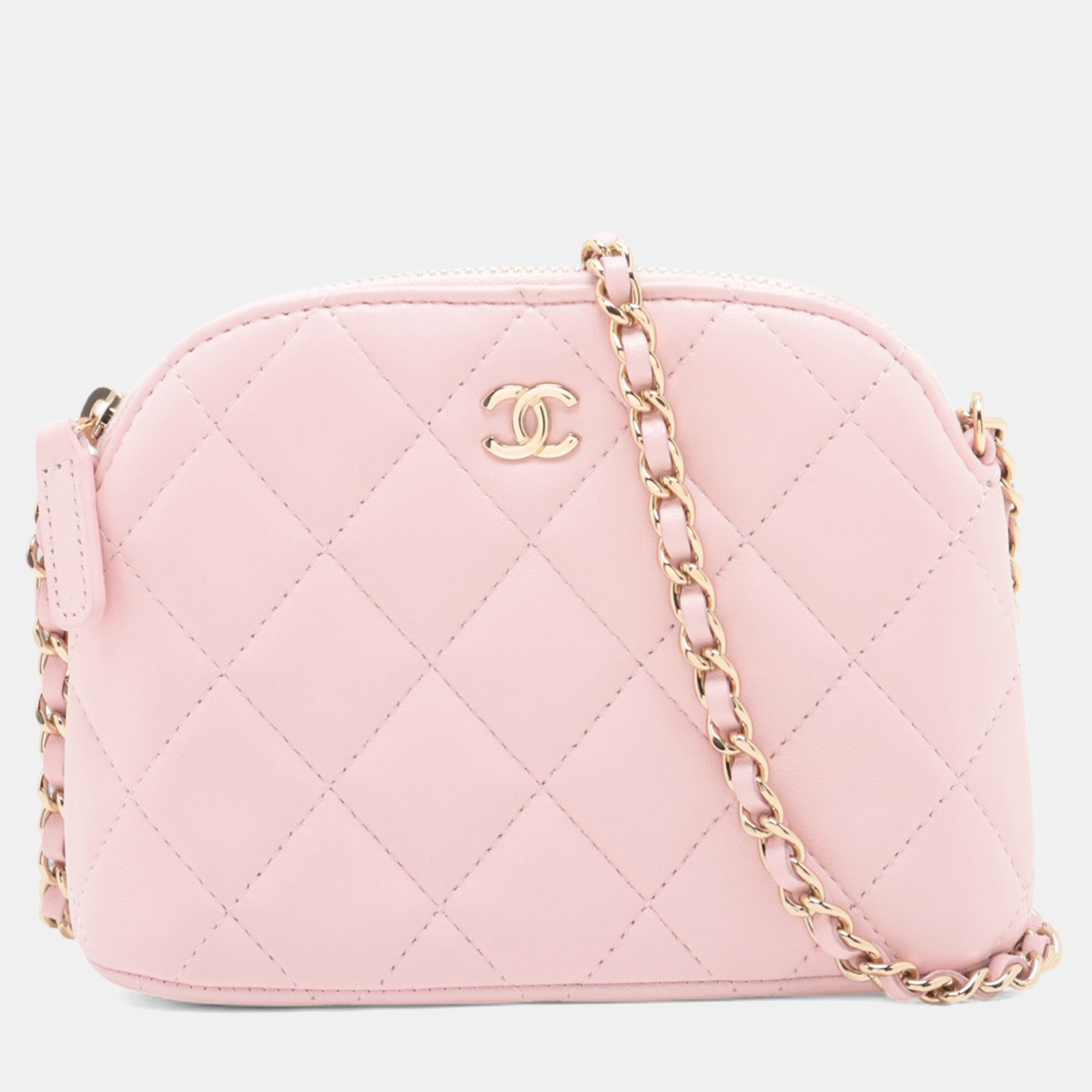 Pre-owned Chanel Pink Mini Cc Quilted Lambskin Dome Clutch With Chain
