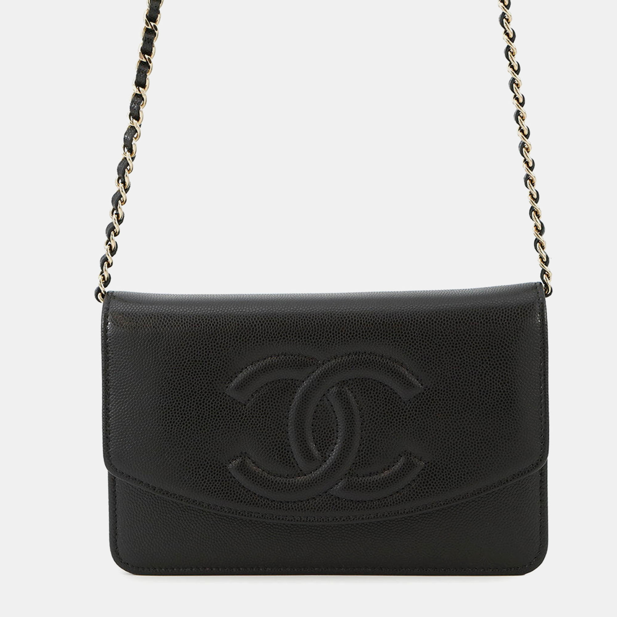 Pre-owned Chanel Chain Wallet Black Caviar Leather
