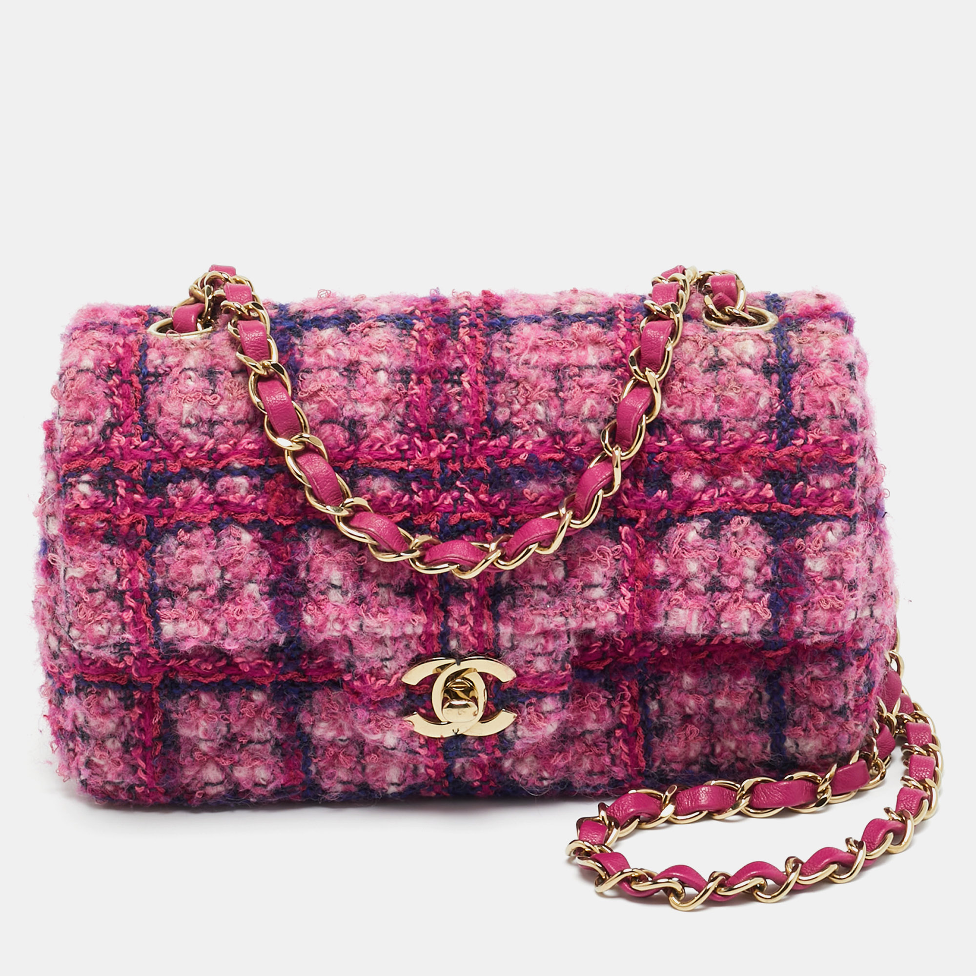 

Chanel Pink Quilted Tweed Mini Classic Single Flap Bag