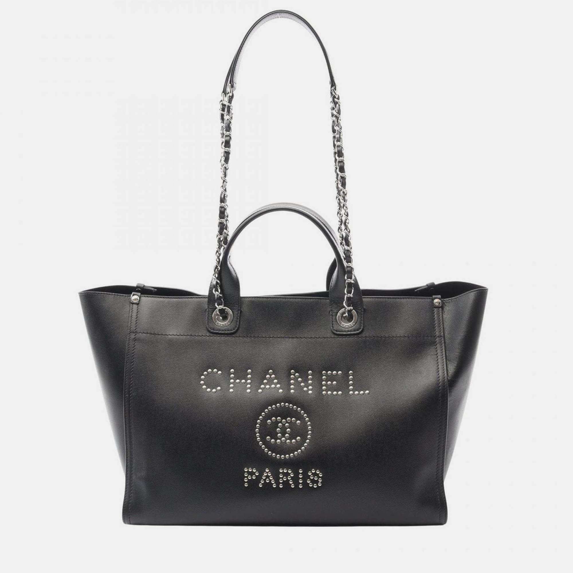Pre-owned Chanel Deauville Tote Chain Shoulder Bag Calf Leather Black