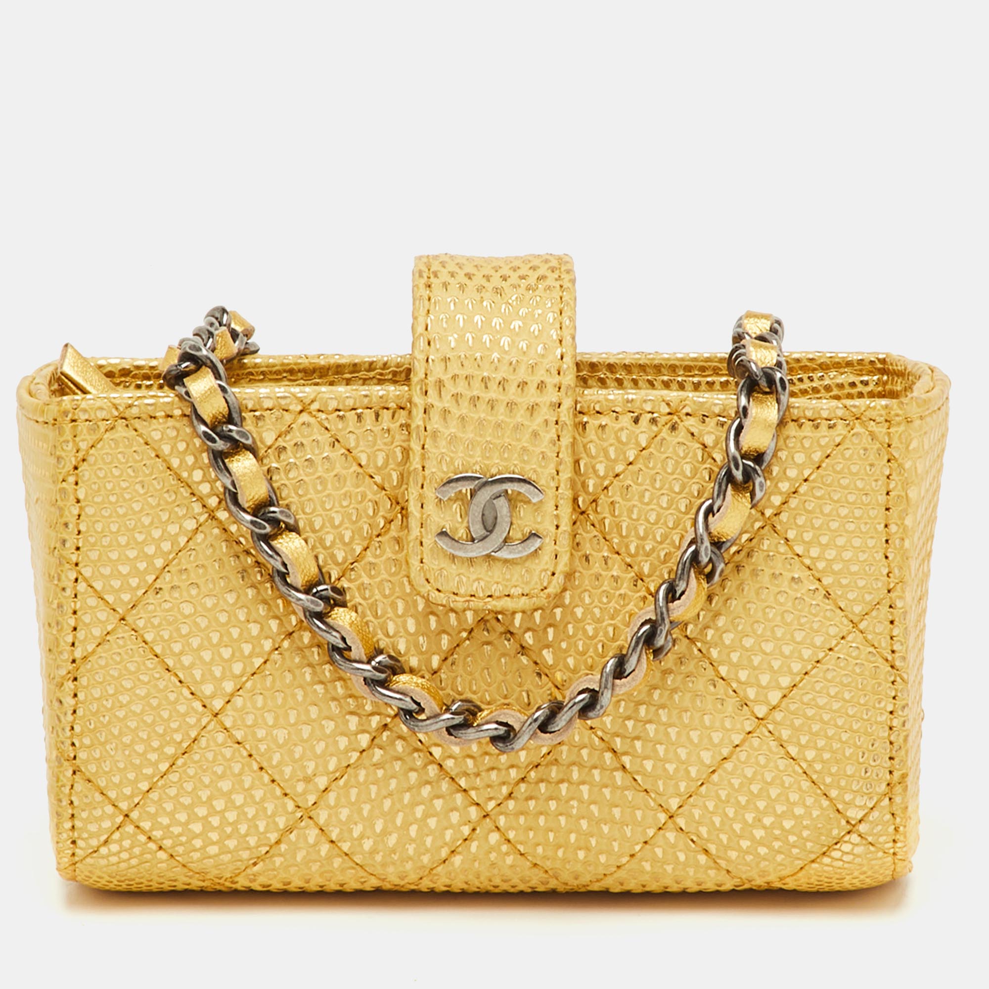 

Chanel Metallic Gold Quilted Lizard iPhone Pouch with Chain