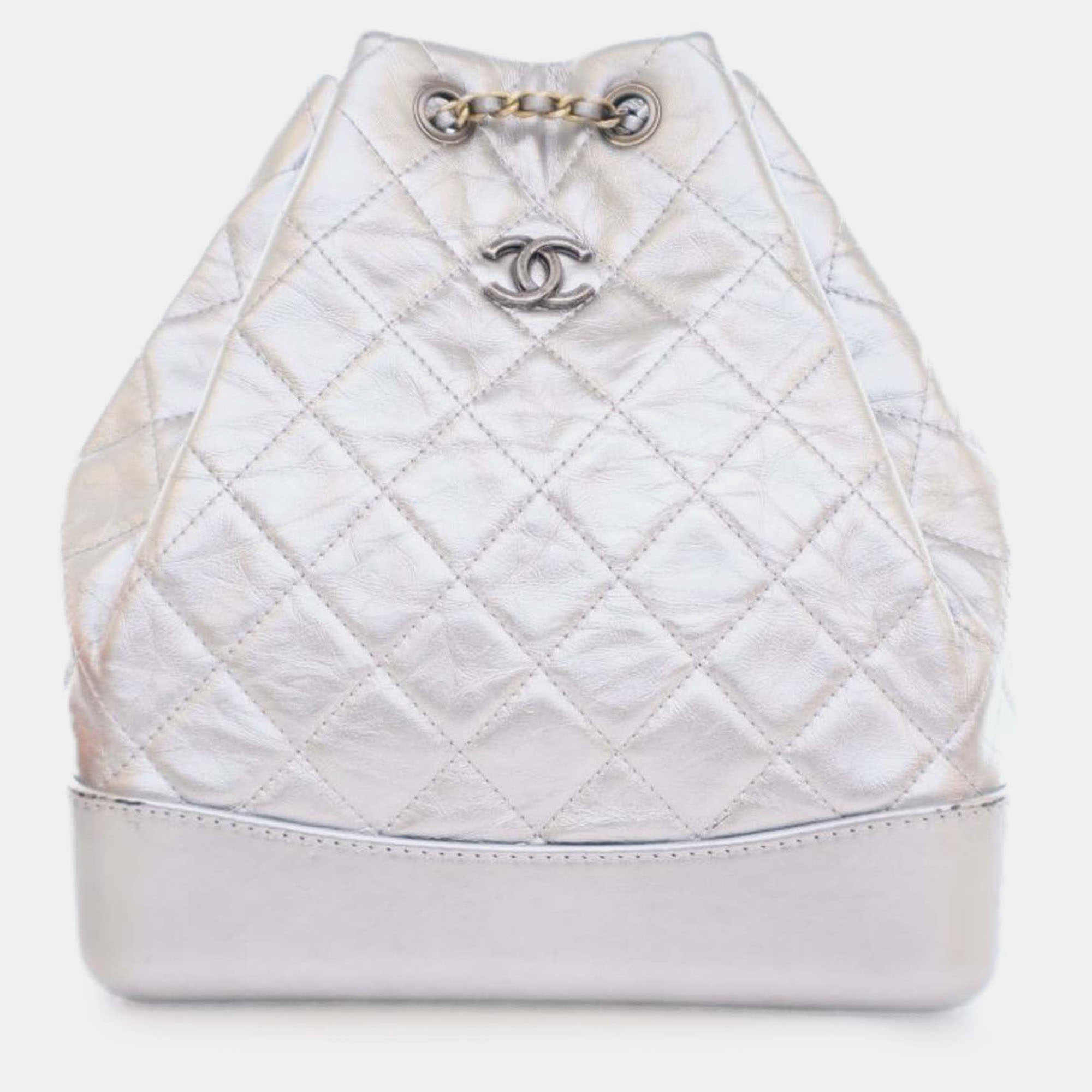 

Chanel Silver Crumpled Metallic Calfskin Gabrielle Backpack