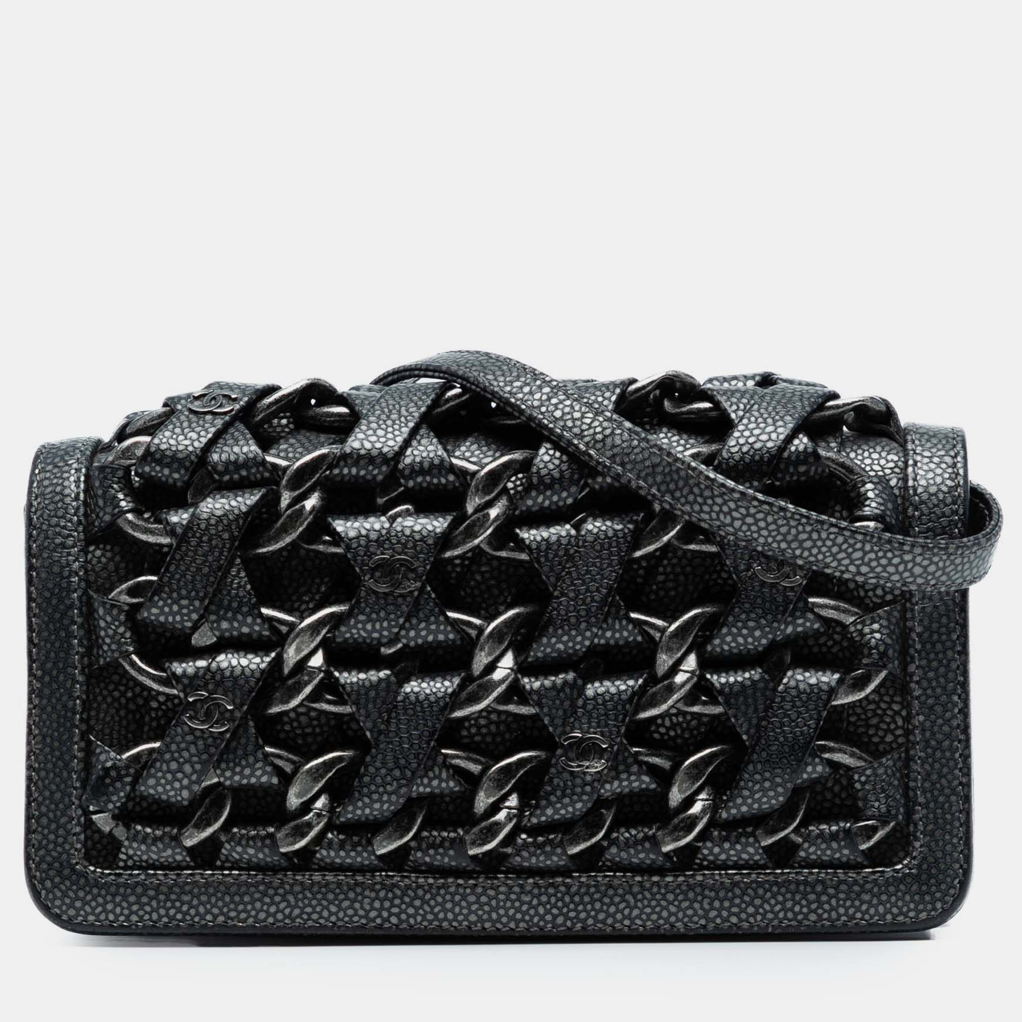 

Chanel Black CC Metallic Caviar Interlaced Chain Clutch on Strap