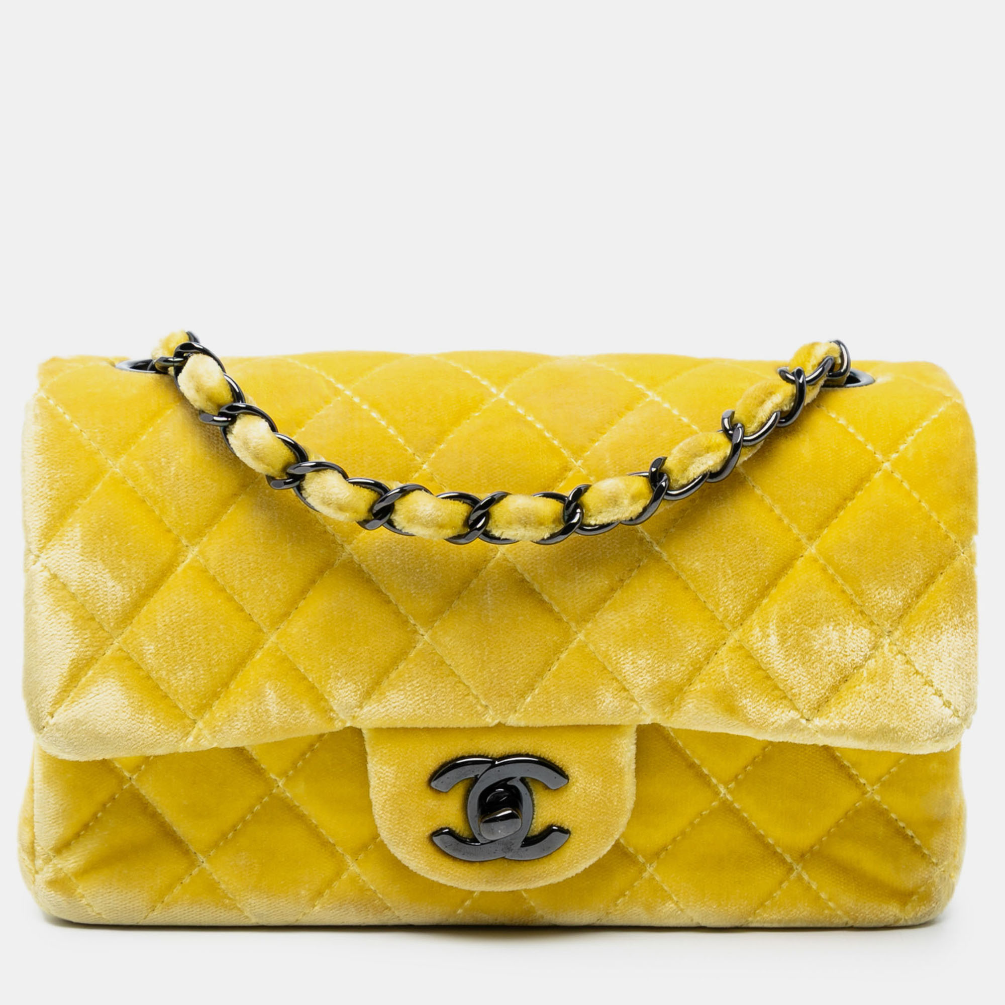 

Chanel Yellow Mini Rectangular Classic Velvet Single Flap