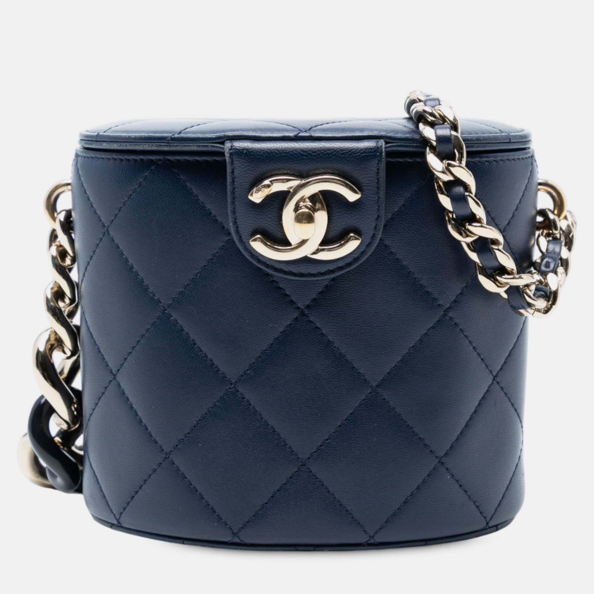 Pre-owned Chanel Navy Blue Small Quilted Lambskin Resin Elegant Chain Tubular Vanity Case