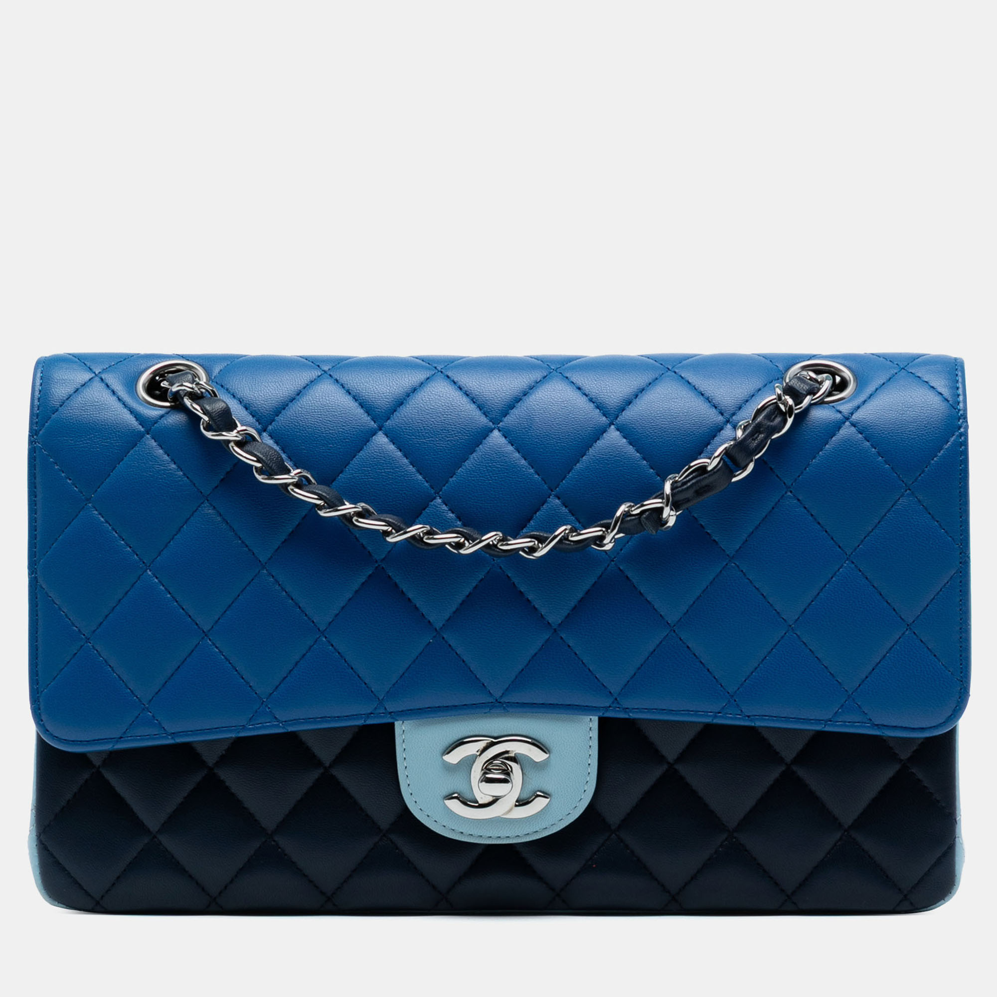 

Chanel Navy Blue Medium Classic Tricolor Lambskin Double Flap