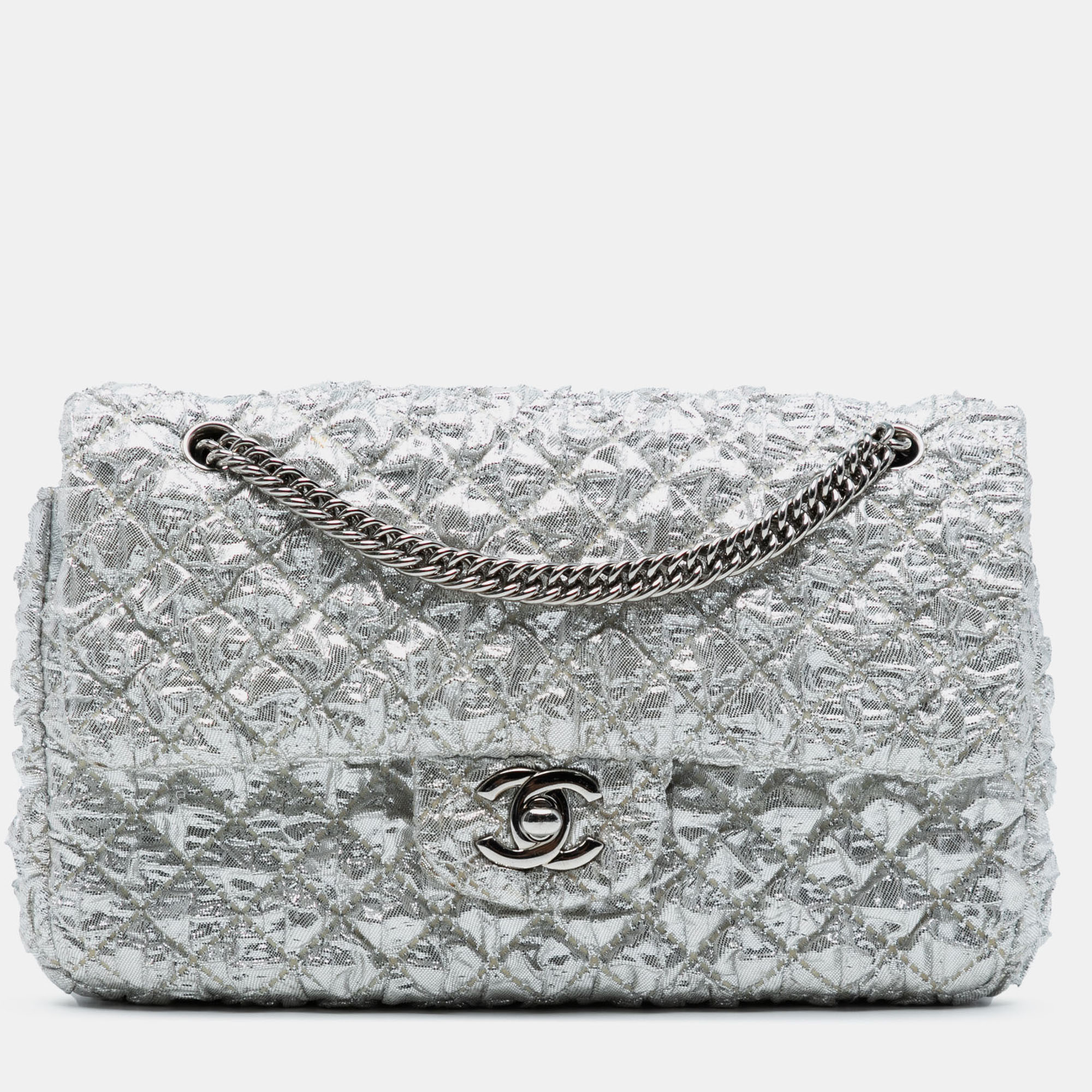 

Chanel Silver Small Classic Metallic Lame Bijoux Chain Double Flap