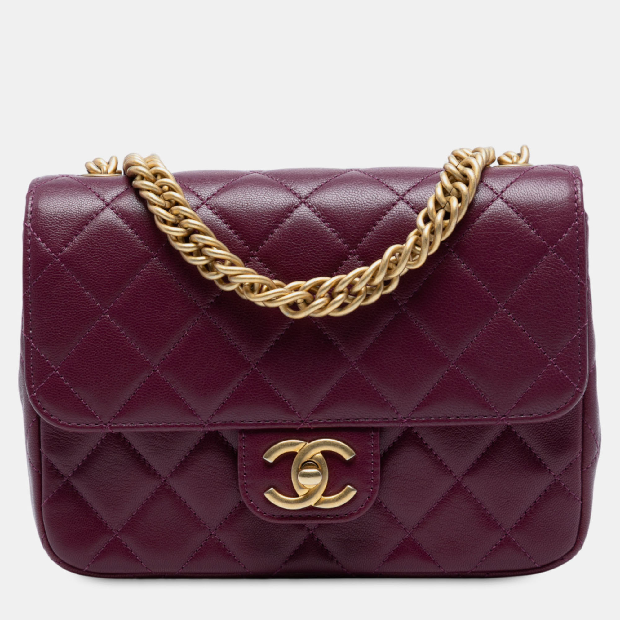 Pre-owned Chanel Burgundy Mini Quilted Lambskin Straight Lined Chain Flap