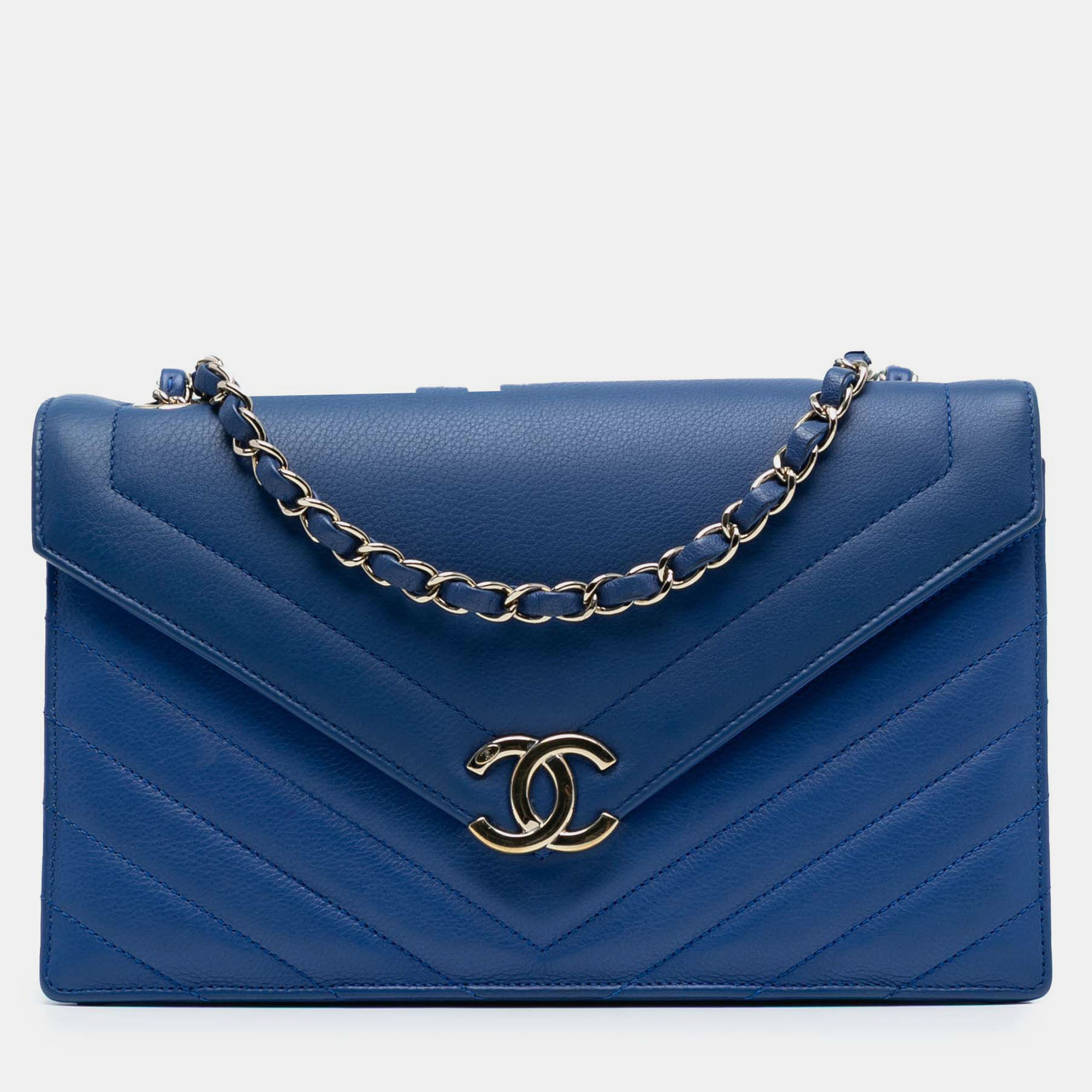 

Chanel Blue Medium CC Chevron Calfskin Envelope Flap