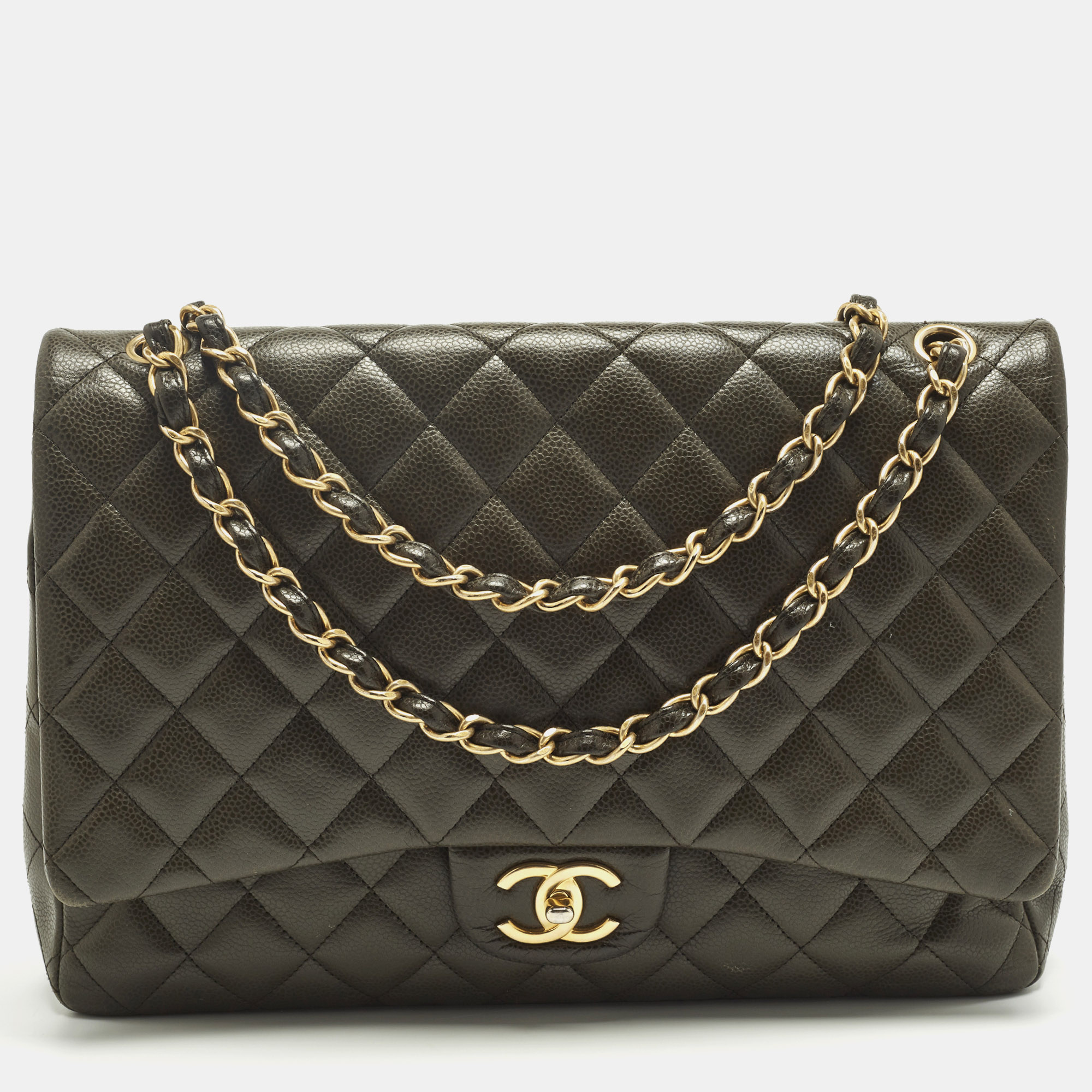 CHANEL Pre-owned Classic Double Flap Maxi Green Quilted Caviar Leather Bag