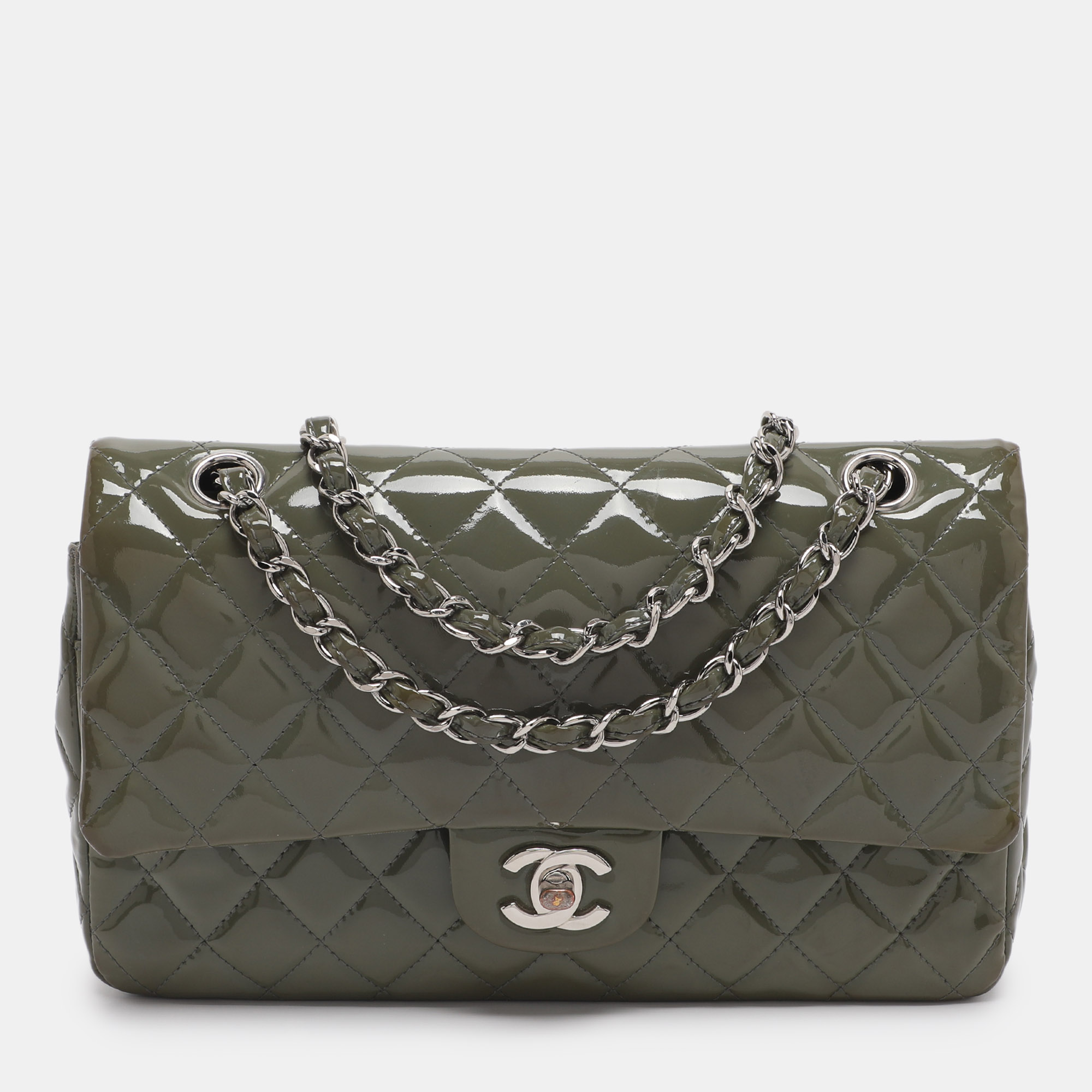 

Chanel Classic Double Flap Medium Patent Leather Flap Bag, Grey