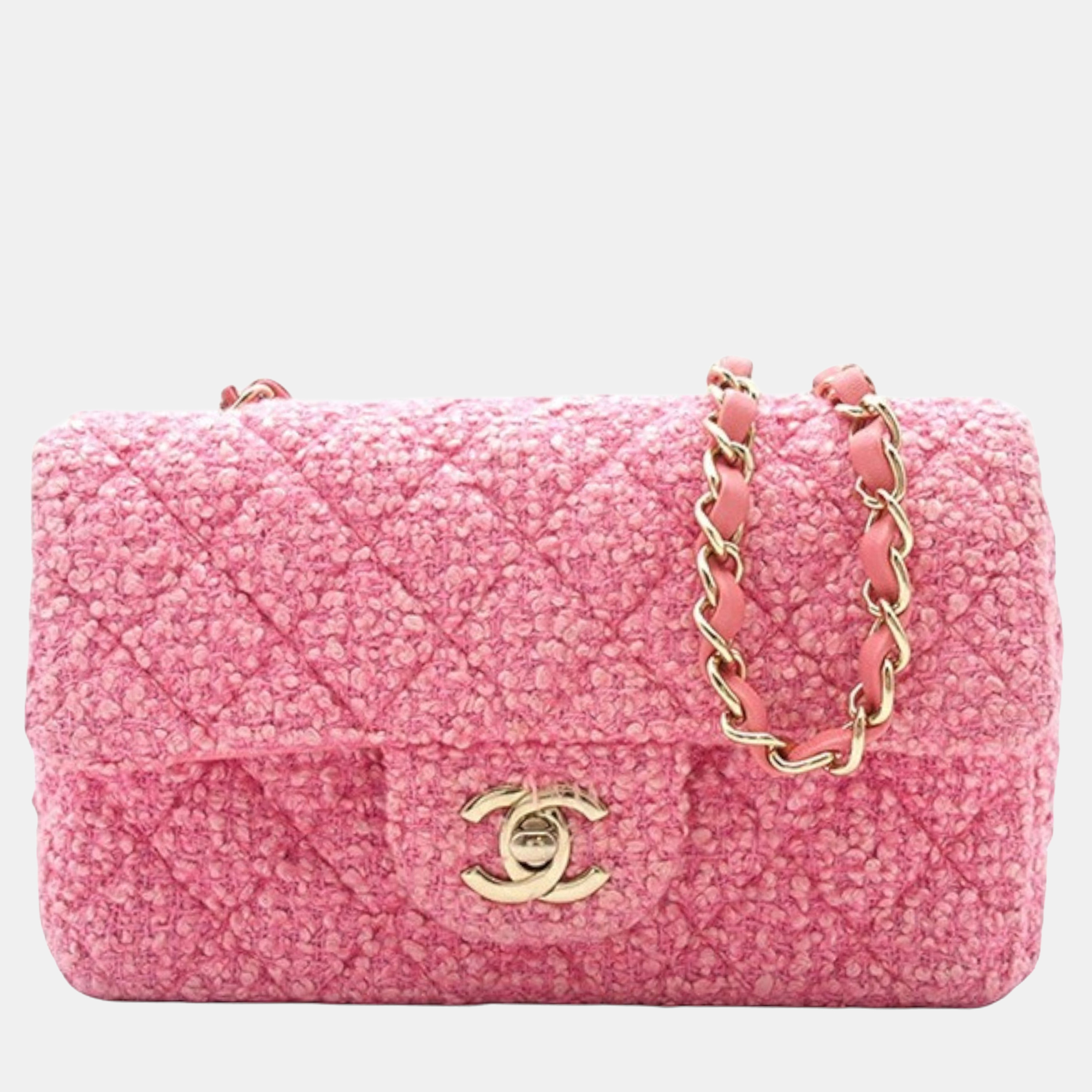 

Chanel Pink Mini Rectangular Classic Tweed Single Flap