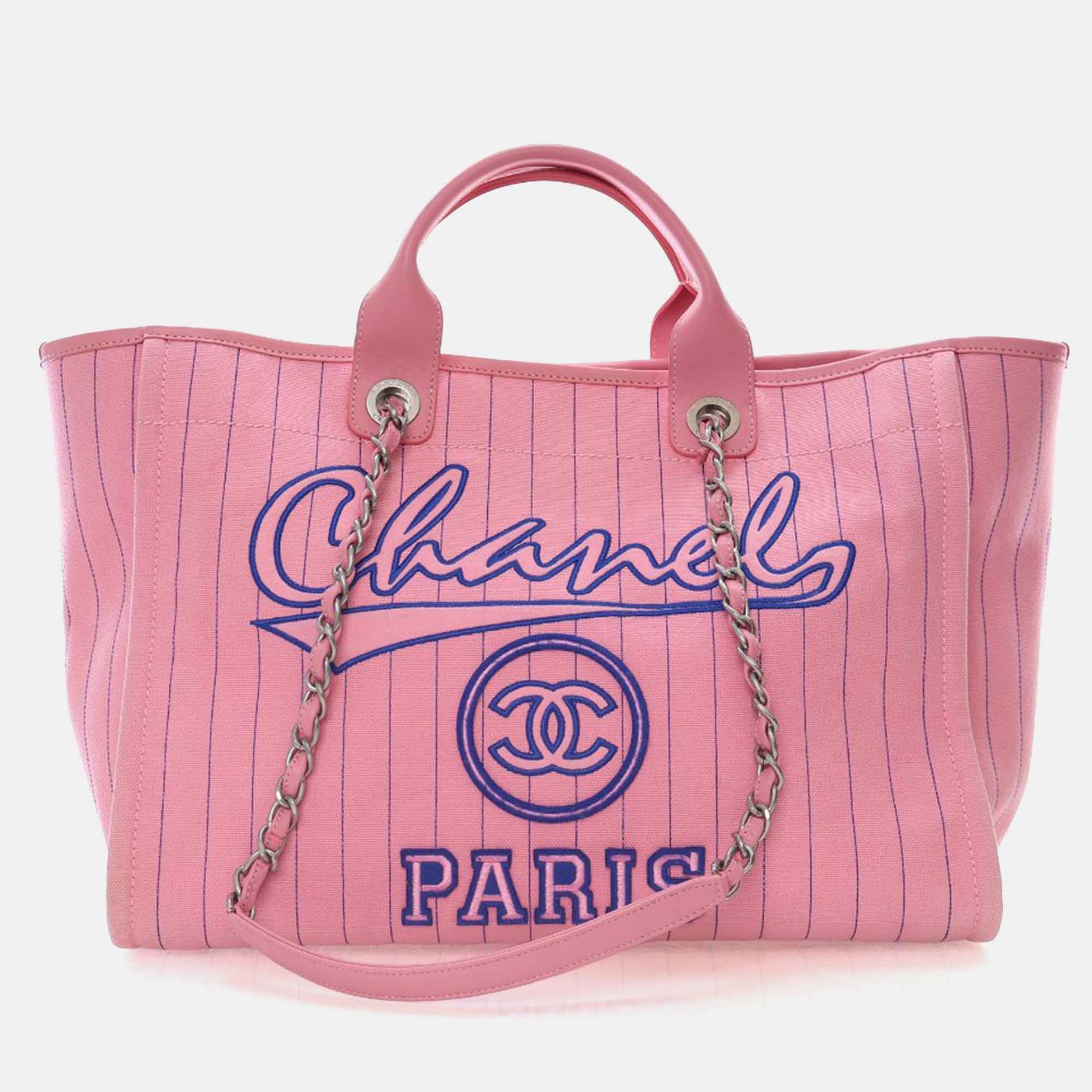 

Chanel Medium Pink Pinstriped Canvas Deauville Tote