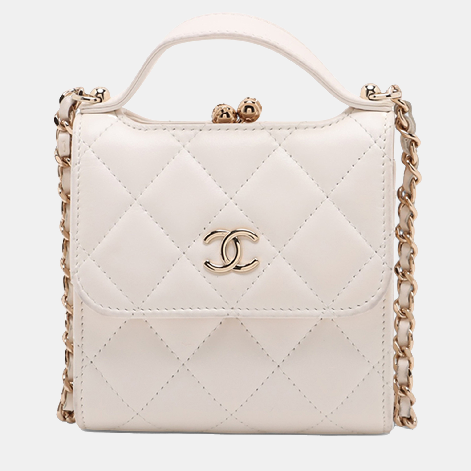 

Chanel White Mini CC Quilted Lambskin Kiss Lock Frame Top Handle Clutch with Chain