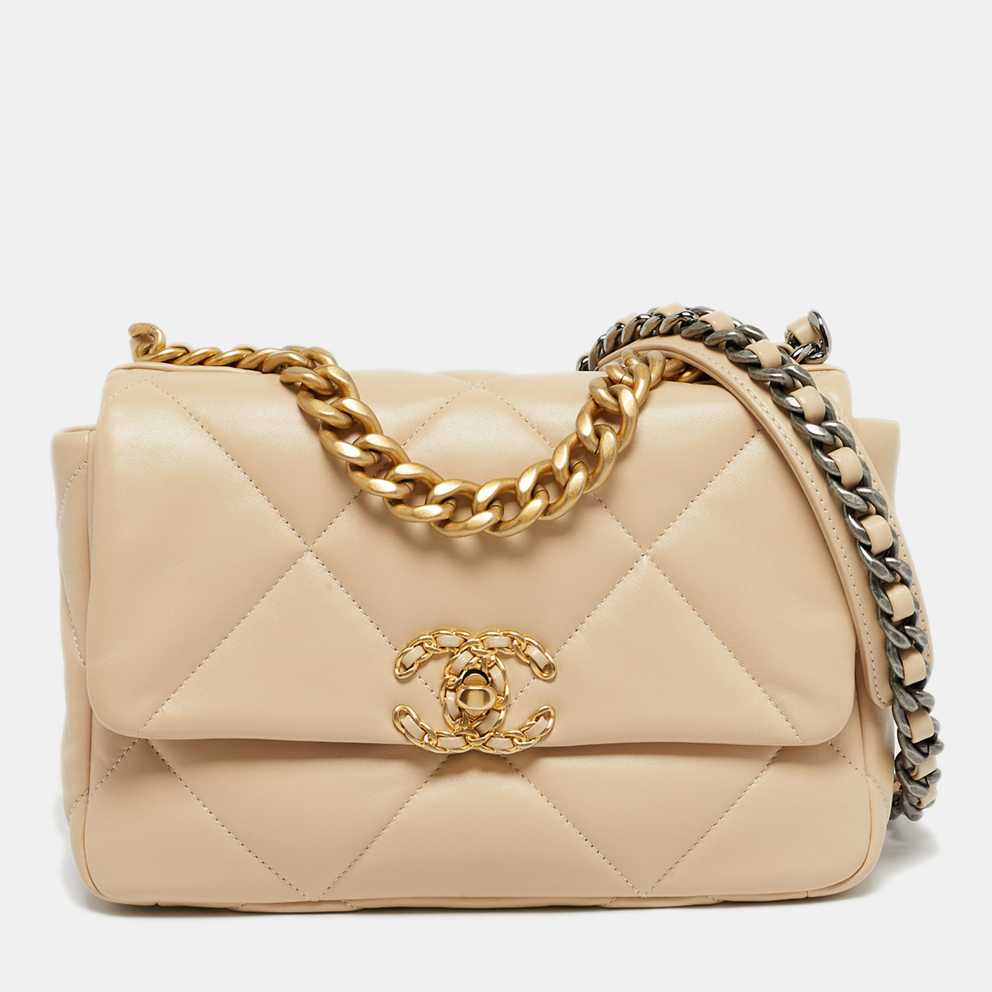 

Chanel 19  Beige Quilted Leather Flap Bag