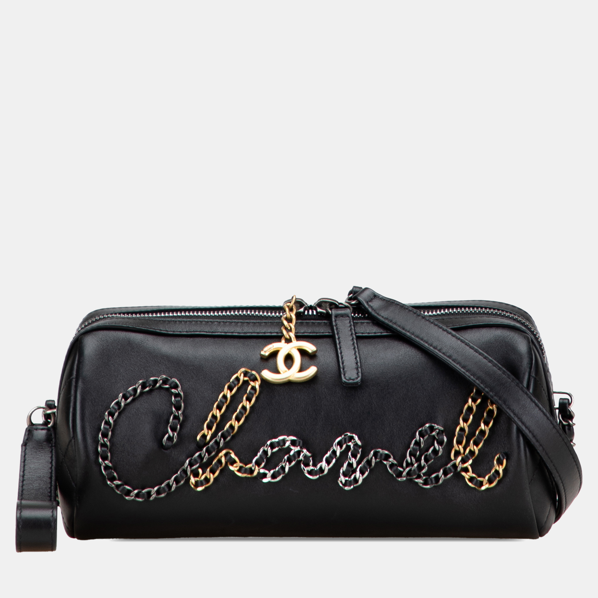 

Chanel Black Calfskin Signature Chain Signe Bowling Bag