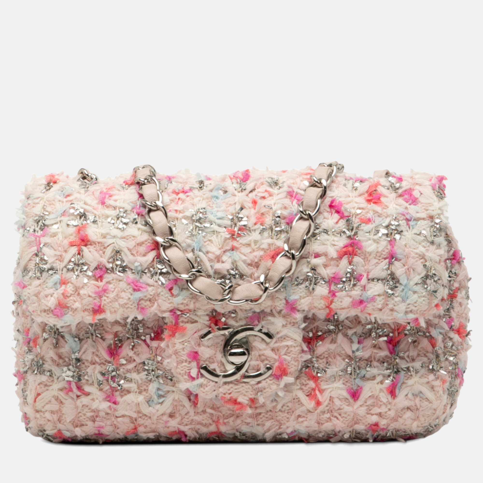 

Chanel Pink Mini Rectangular Classic Tweed Single Flap