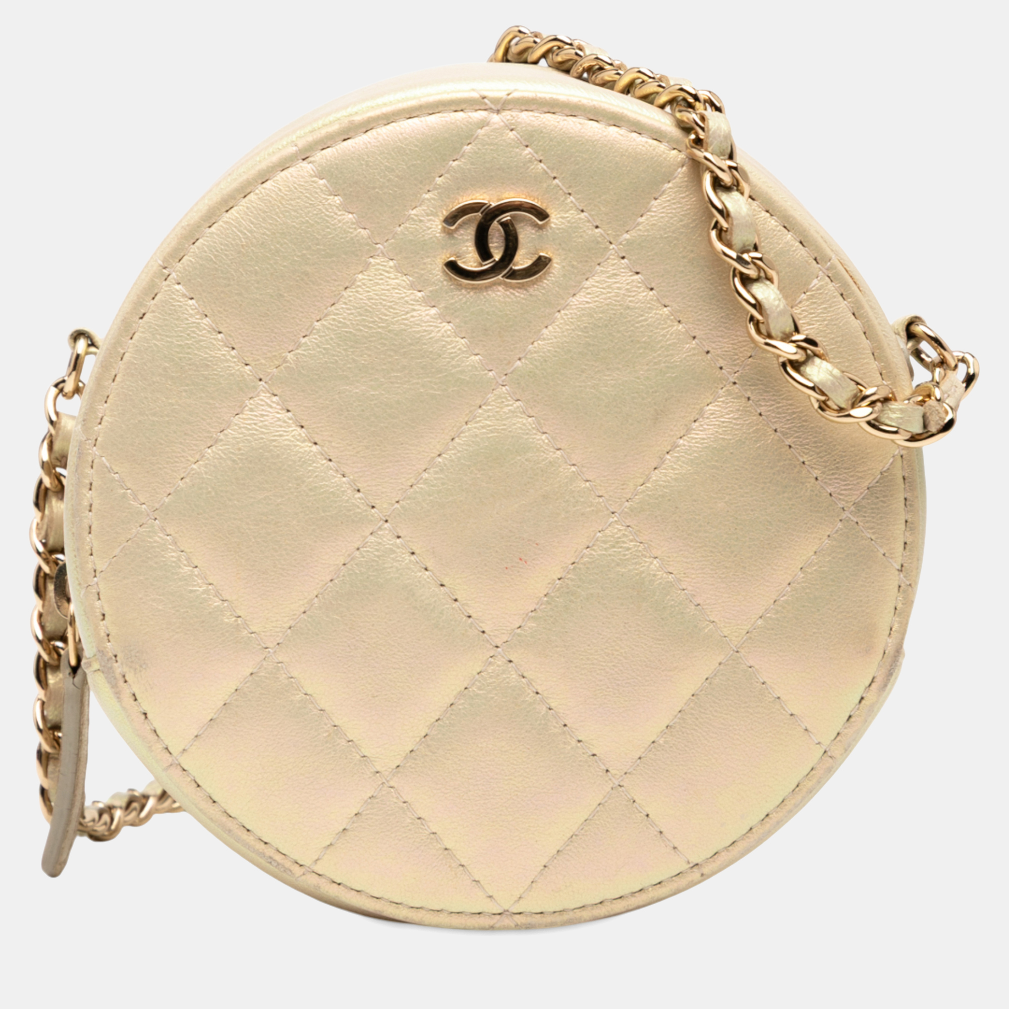 

Chanel Gold Quilted Iridescent Lambskin Round Clutch With Chain