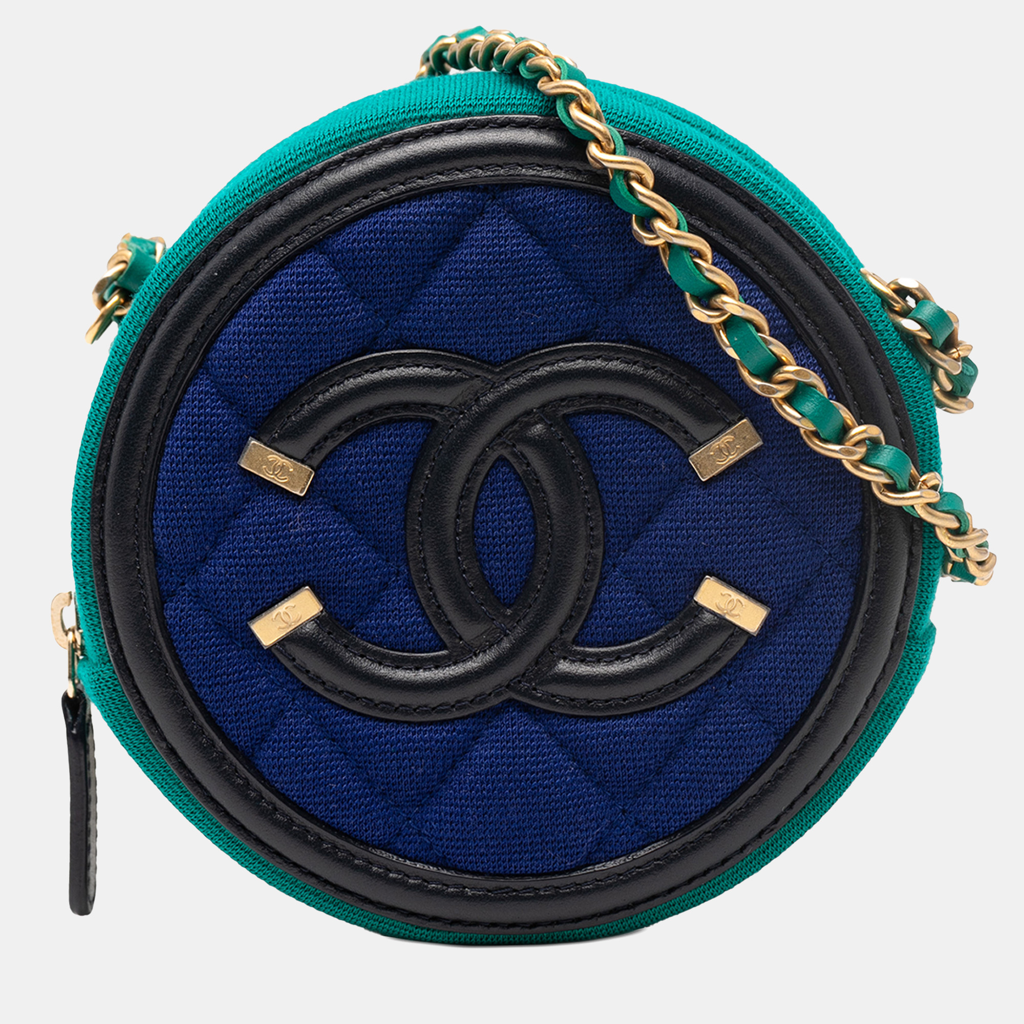 

Chanel Blue Green Tricolor Jersey CC Filigree Round Crossbody