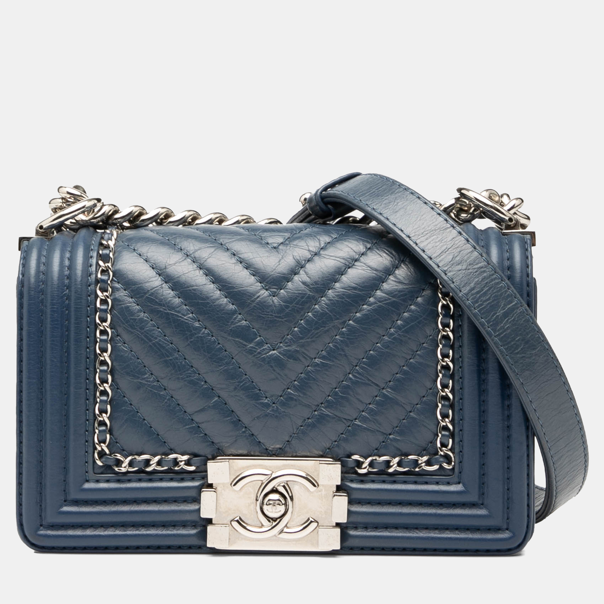 

Chanel Navy Blue Small Chevron Aged Calfskin Jacket Boy Flap