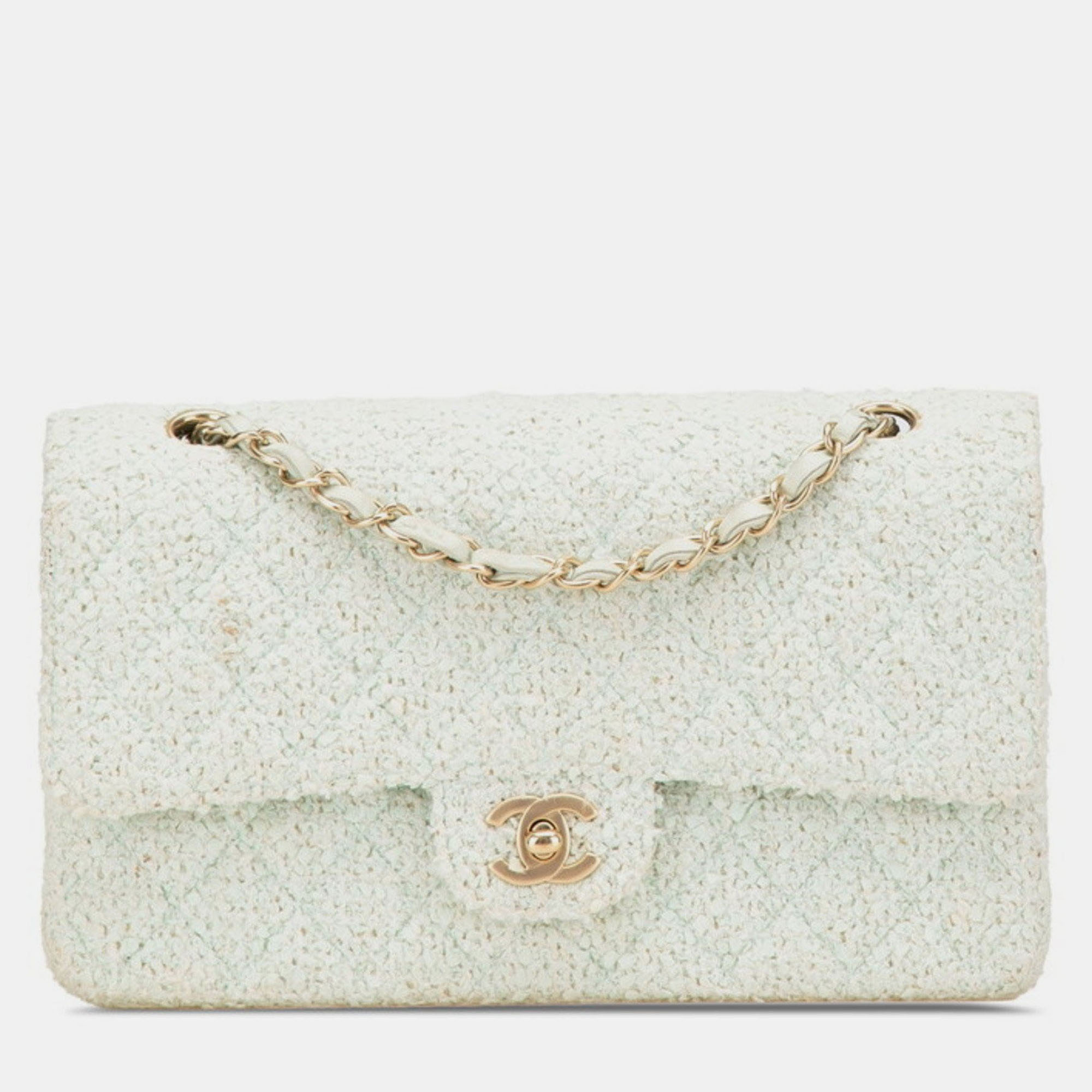 

Chanel Matelasse 25 Coco Mark Double Flap Chain Shoulder Bag In Green Mint Tweed And Leather
