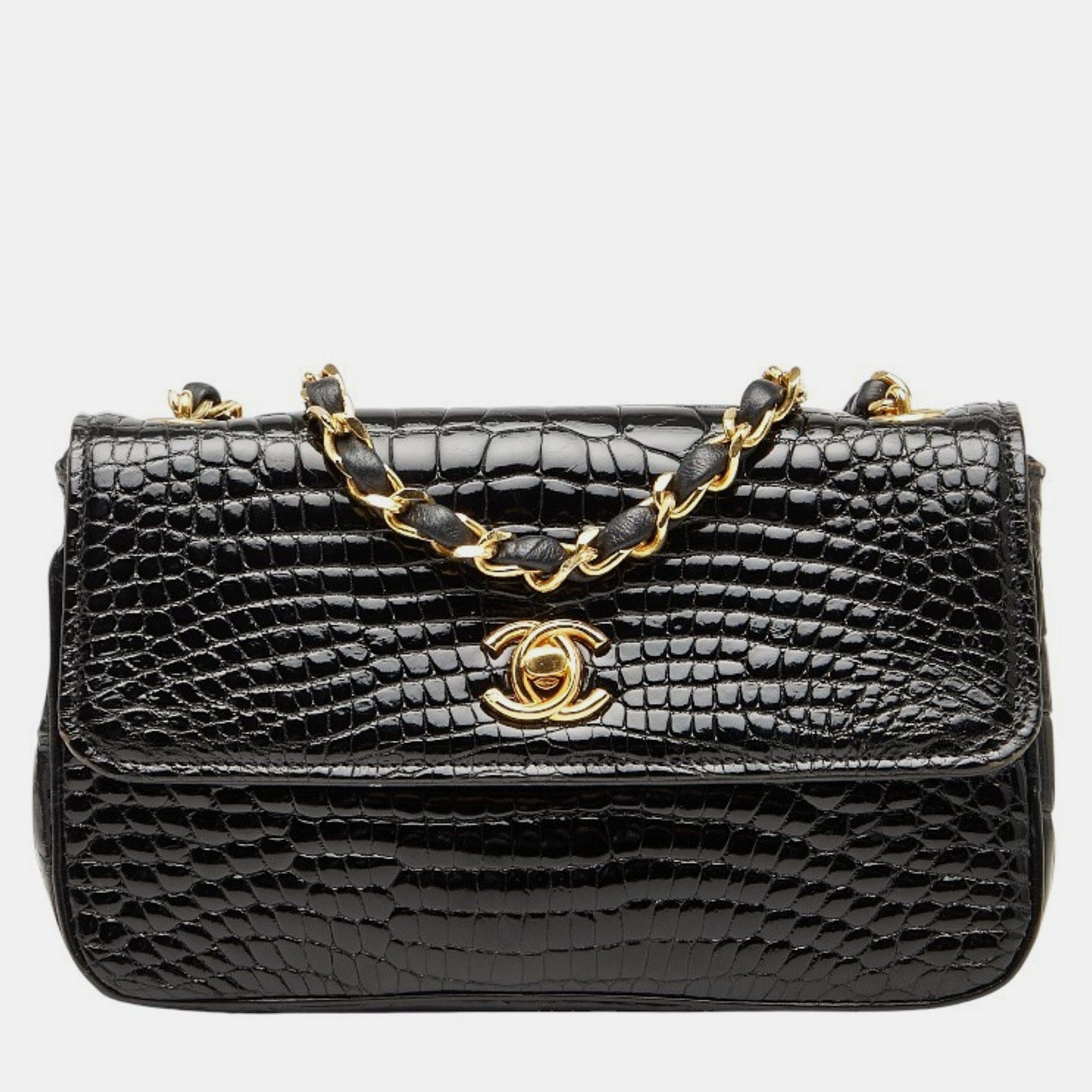 

Chanel Coco Mark Crocodile Embossed Chain Shoulder Bag In Black Patent Leather