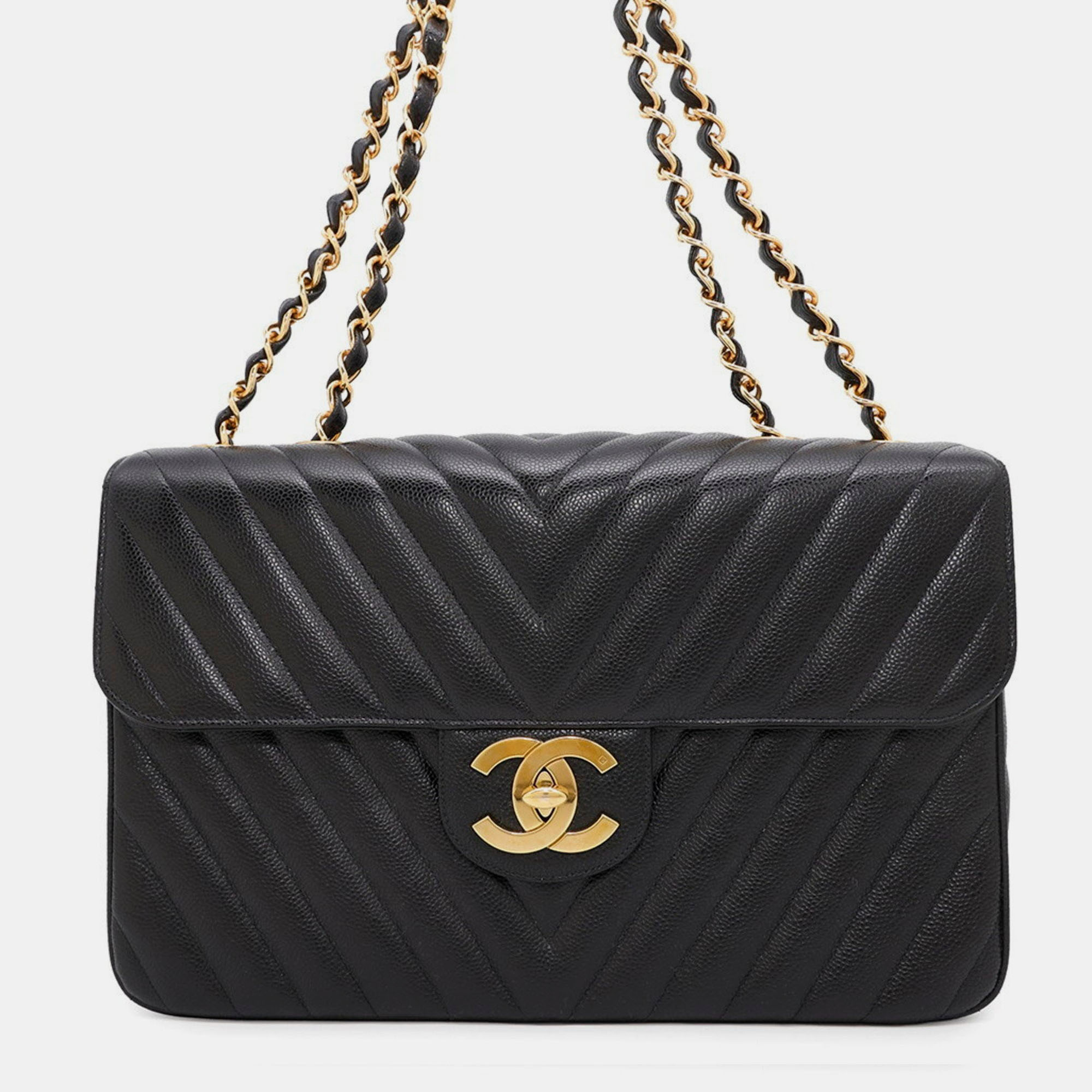 

Chanel Chain Shoulder Bag Chevron Coco Mark W Caviar Skin Black V Stitch
