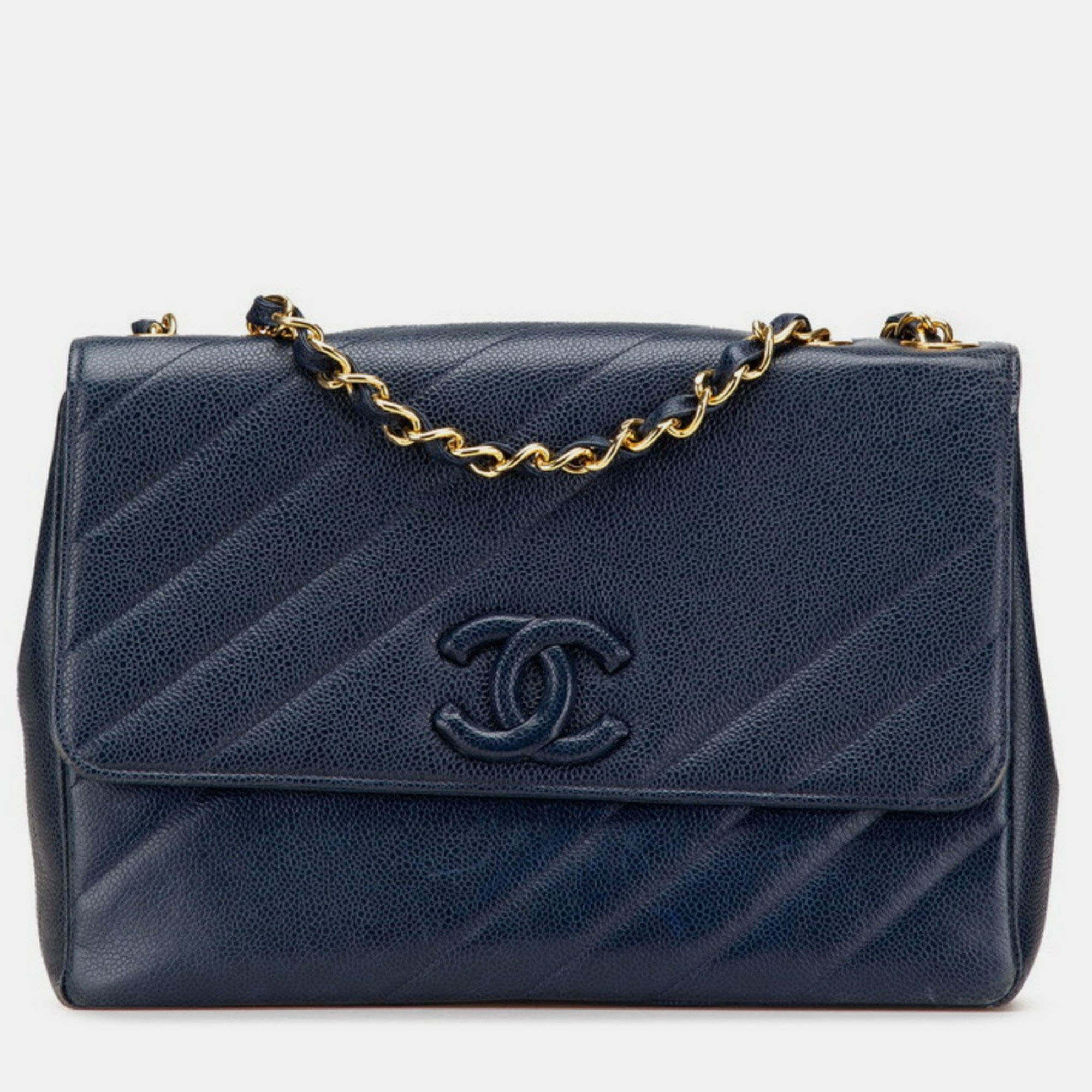 

Chanel Coco Mark Bias Stitch Chain Shoulder Bag In Navy Caviar Leather, Navy blue