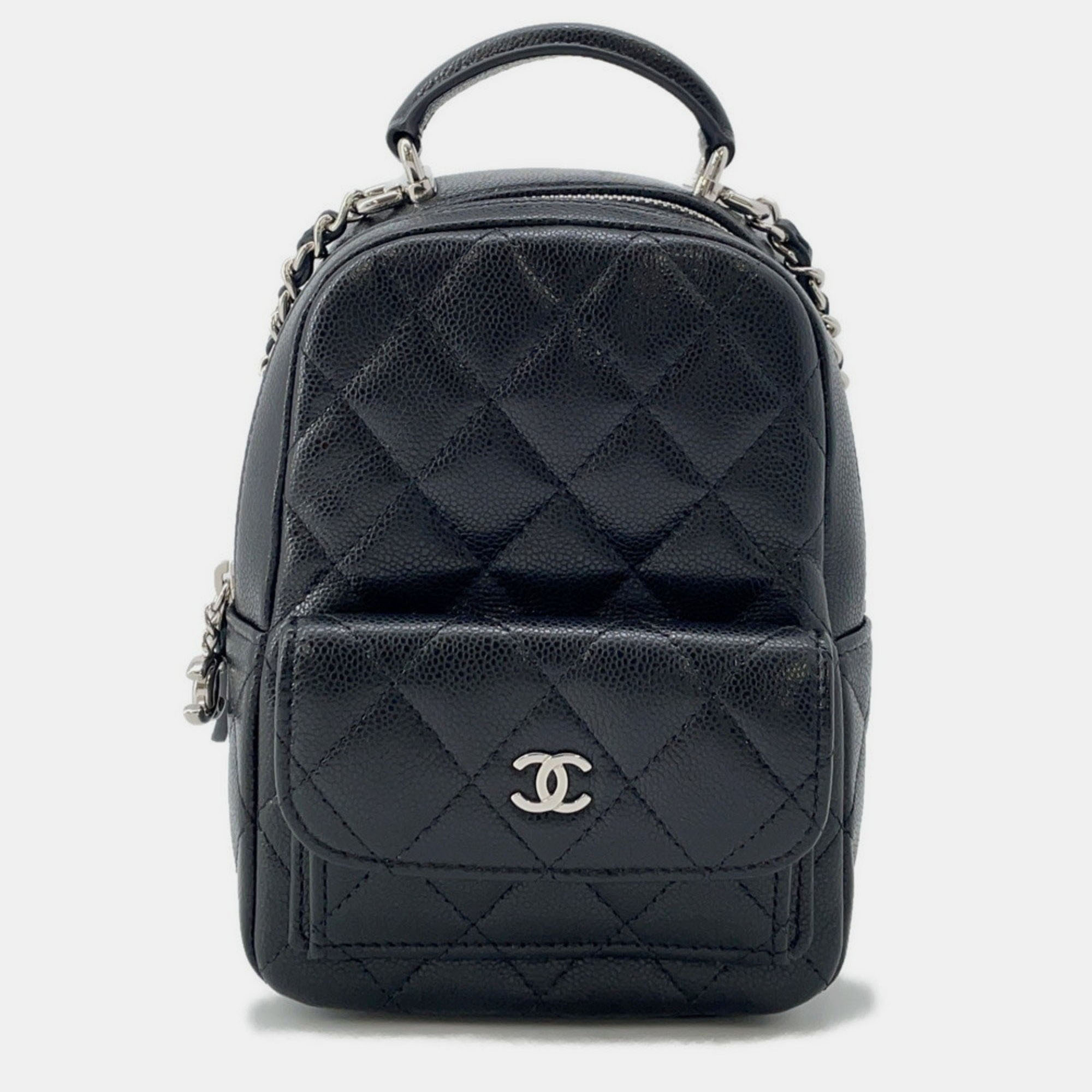 Pre-owned Chanel Matelasse Coco Mark Mini Backpack In Caviar Skin Black