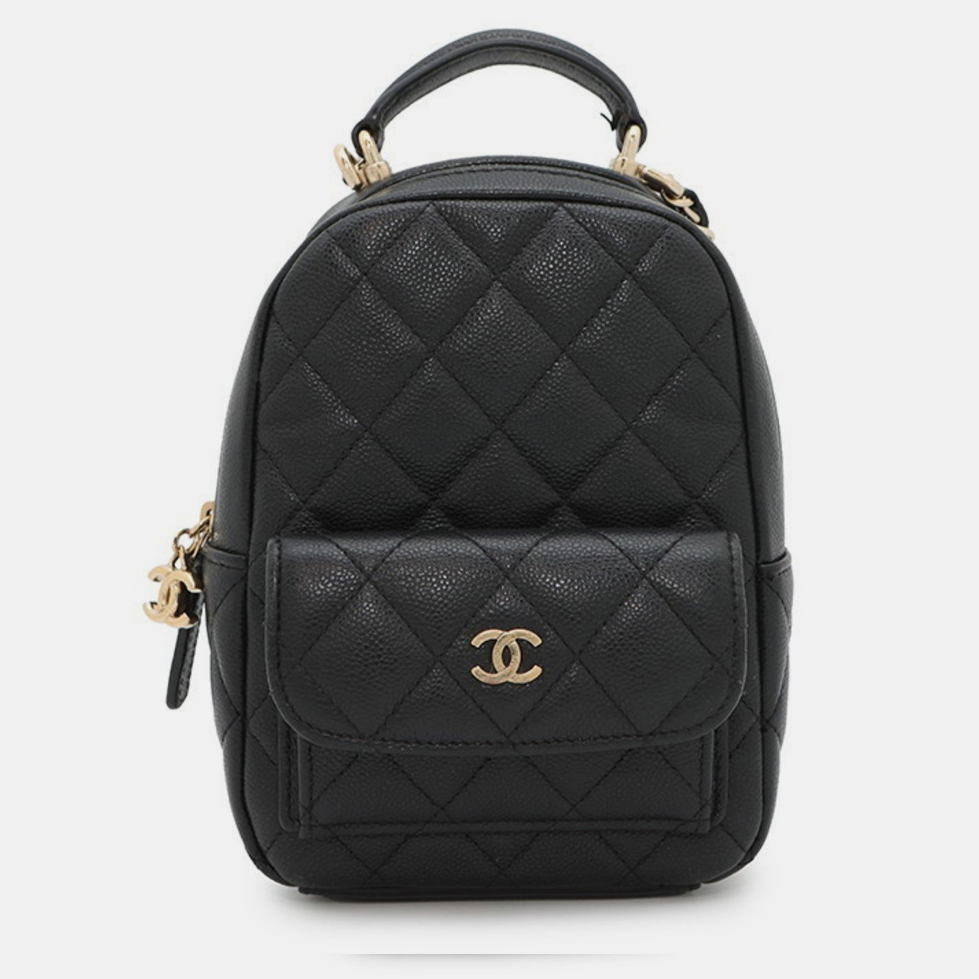 Pre-owned Chanel Backpack Matelasse Coco Mark Timeless Classic Mini Caviar Skin Black
