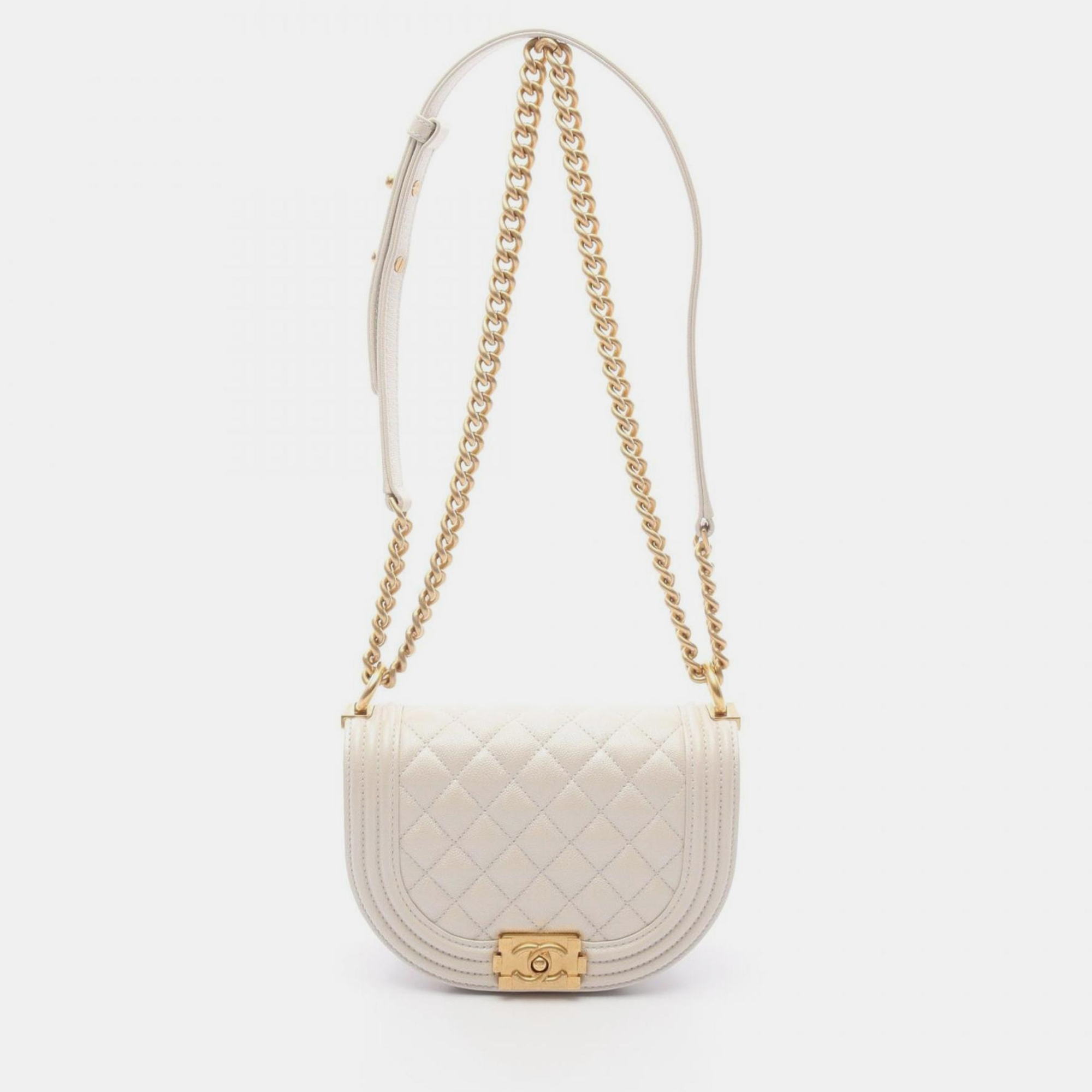 

Chanel Boy Chanel Small Shoulder Bag In Grained Calfskin Caviar Leather (White)