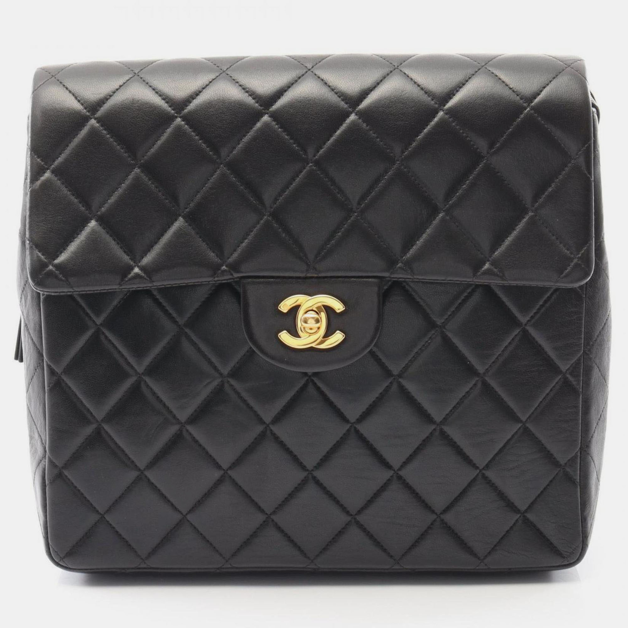 Pre-owned Chanel Matelasse Backpack Bag In Lambskin Leather Black