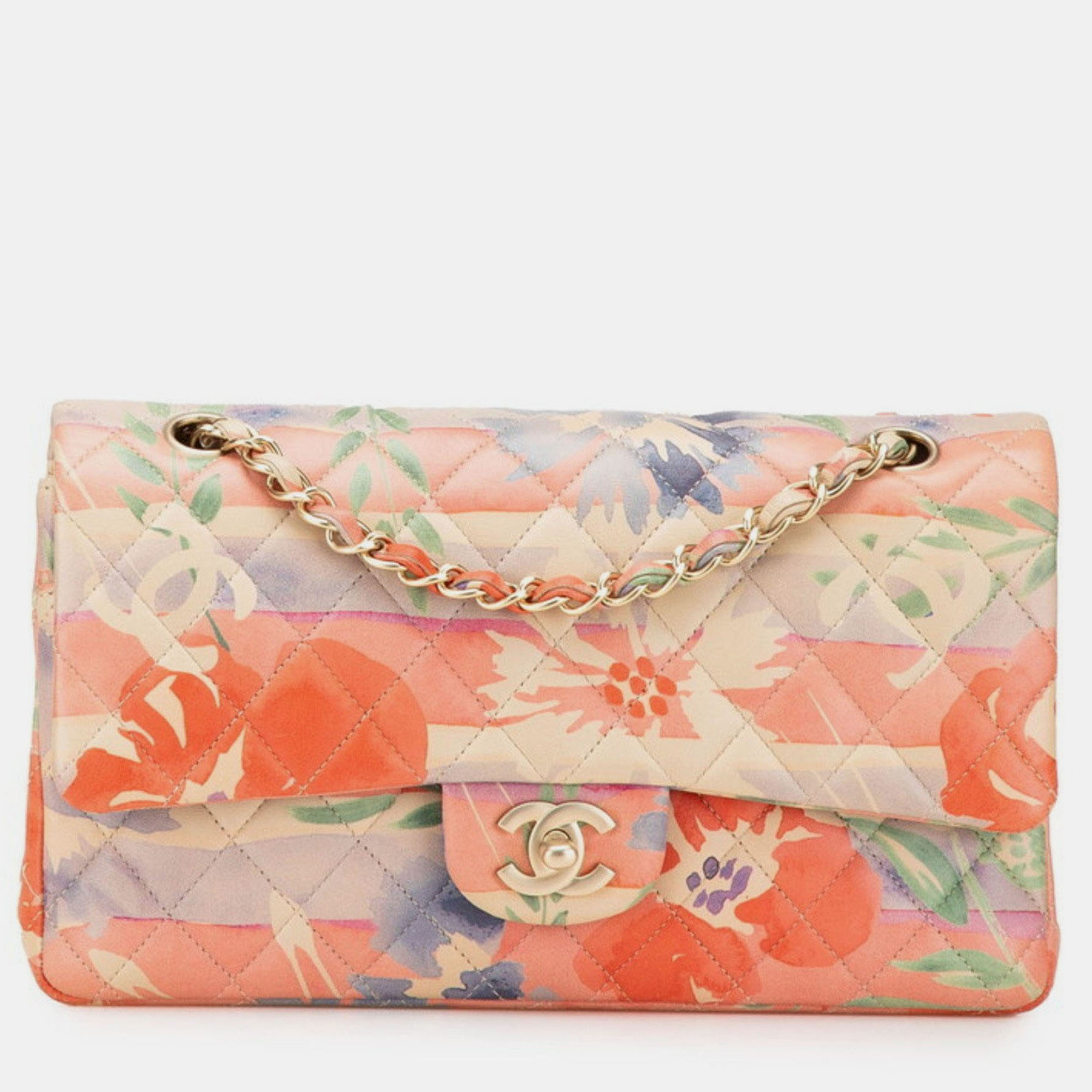 

Chanel Matelasse 25 Double Flap Coco Mark Flower Chain Shoulder Bag In Pink Multicolored Lambskin, Multicolor