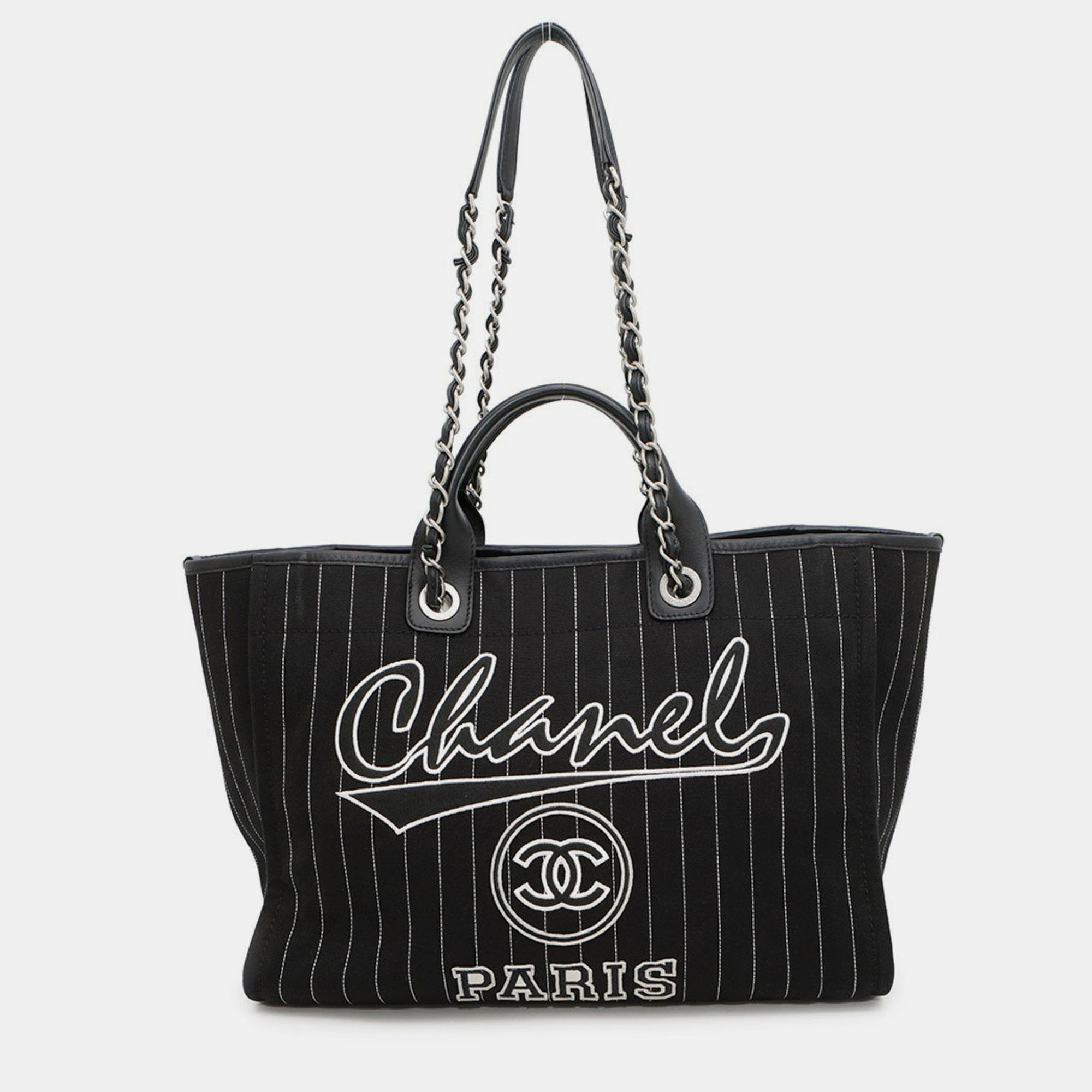 

Chanel Deauville Mm Canvas Chain Tote Bag Black