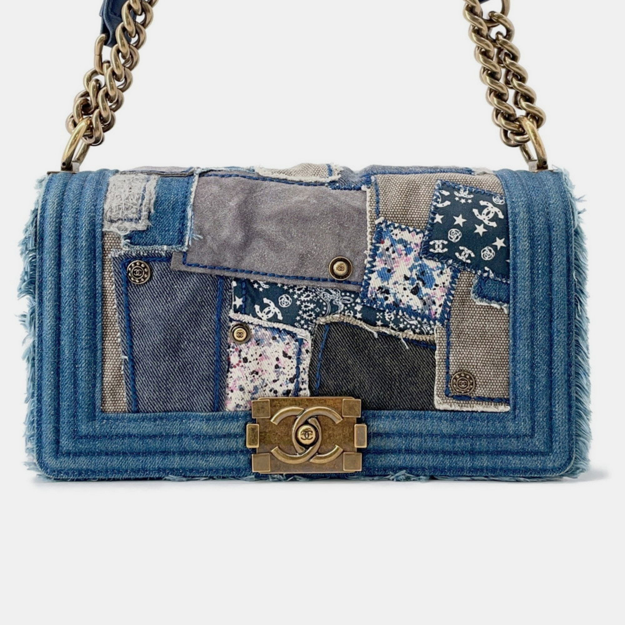 Pre-owned Chanel Boy Chain Shoulder Bag With Coco Mark And Patchwork Denim In Blue